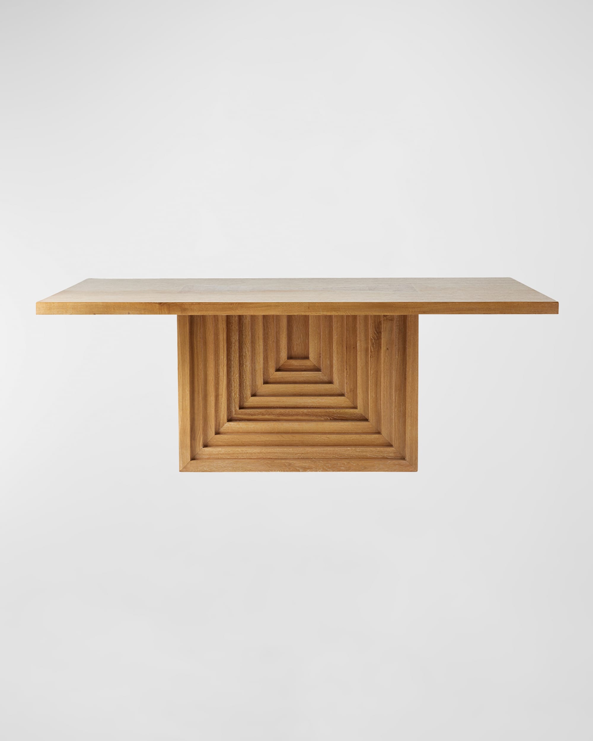 Crockett dining table with carved geometric apron and light wood finish, 80-inch