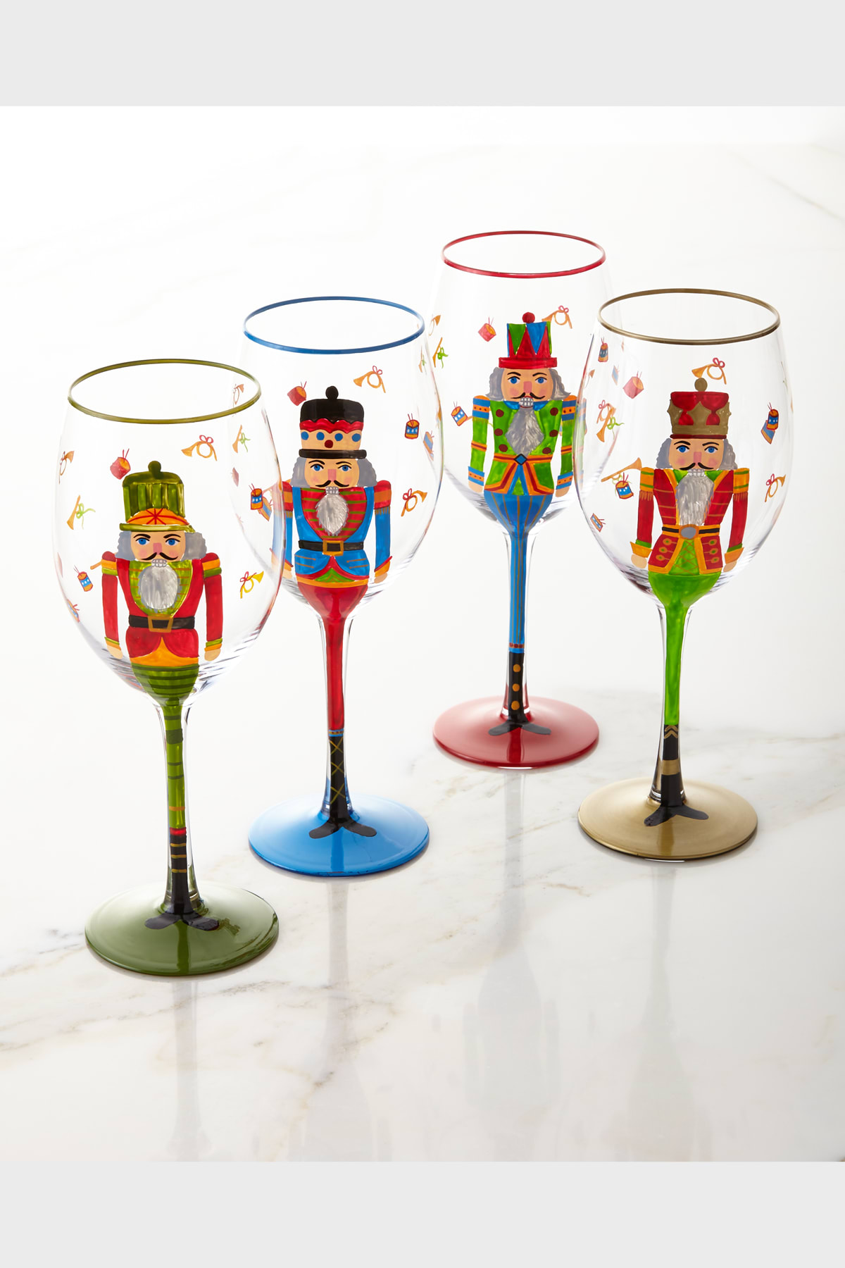 Neiman Marcus Hand-Painted Santa Wine Glasses, Set of 4