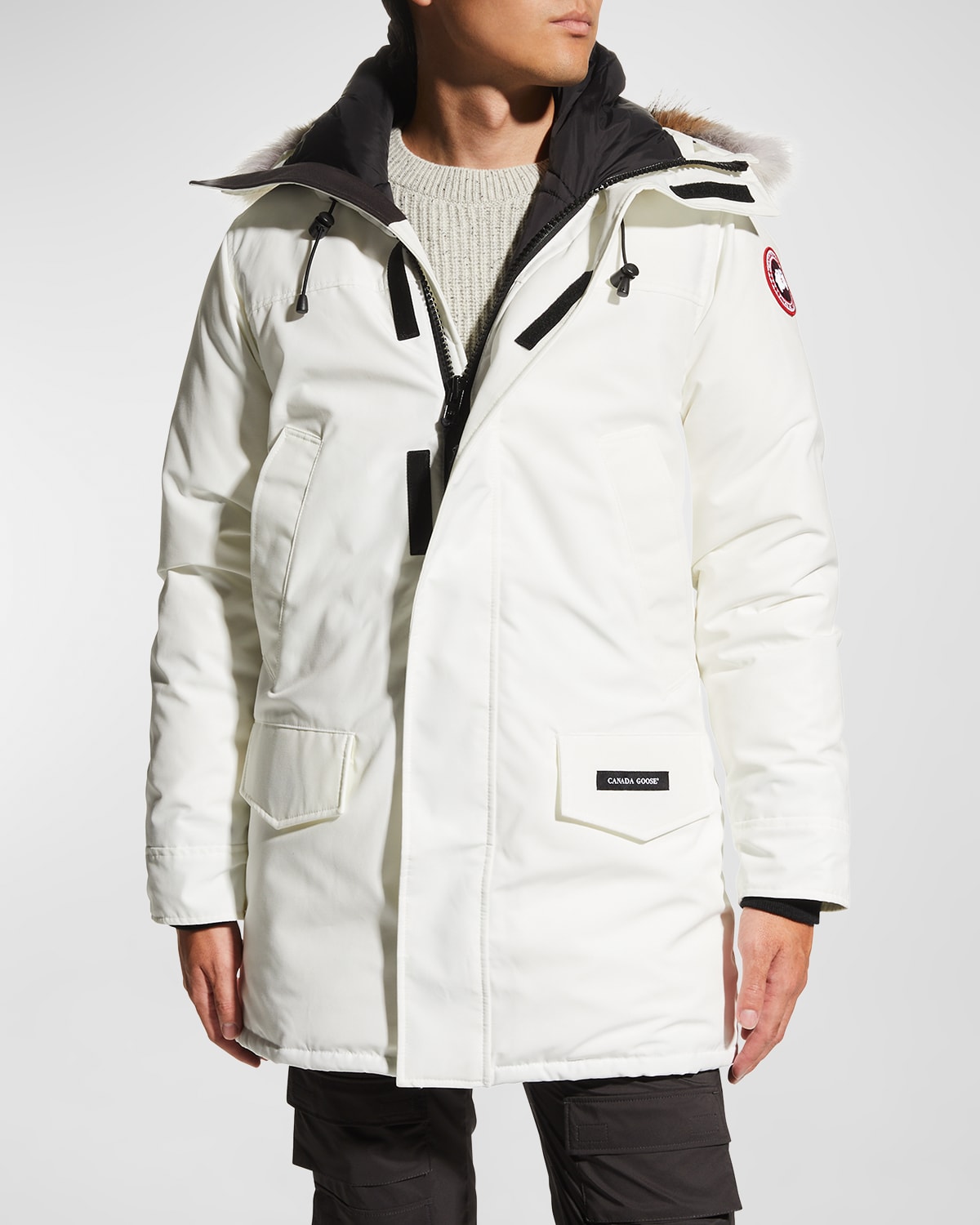 mens white coat with fur hood