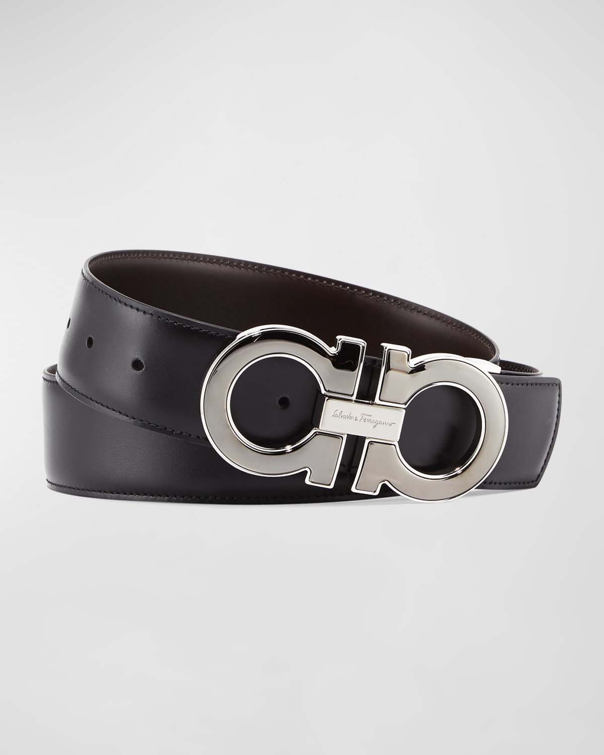 Ferragamo, Grained leather silver buckle reversible belt