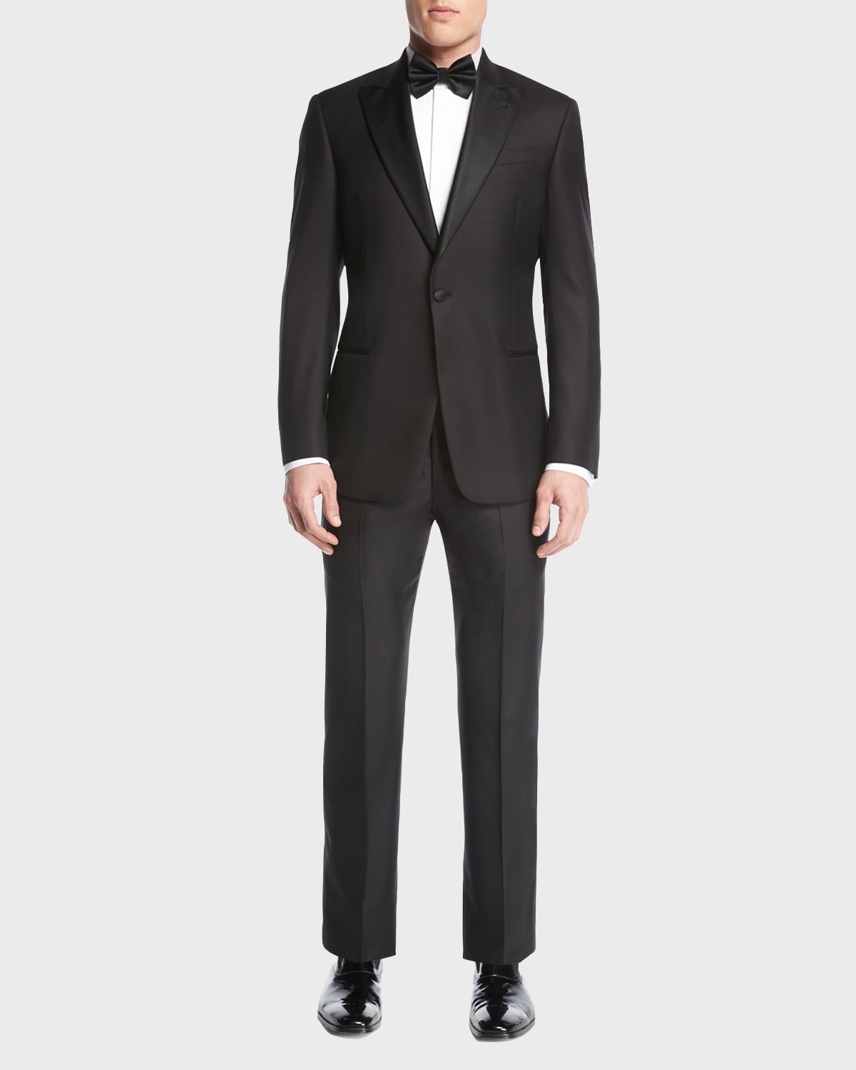 Isaia Satin Peak-Lapel One-Button Wool Tuxedo, Black | Neiman Marcus