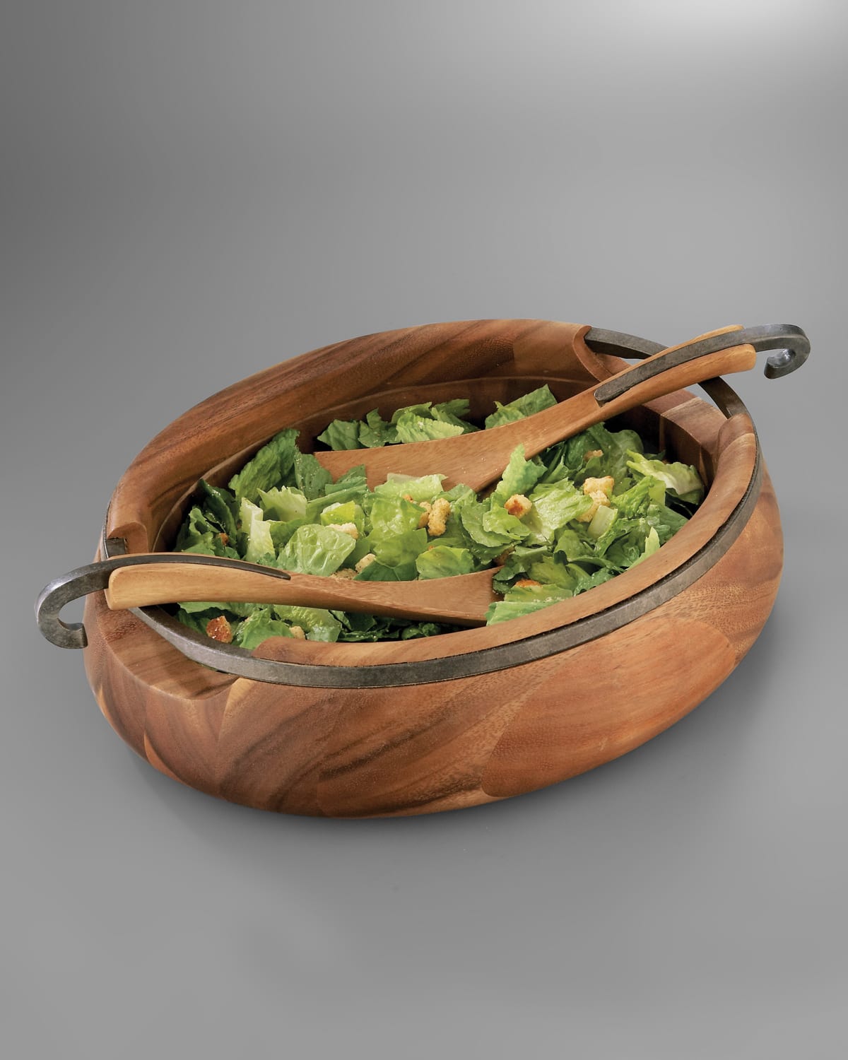 Nambe Oblong Nest Salad Bowl w/ Servers, Nambe Alloy & Acacia Wood