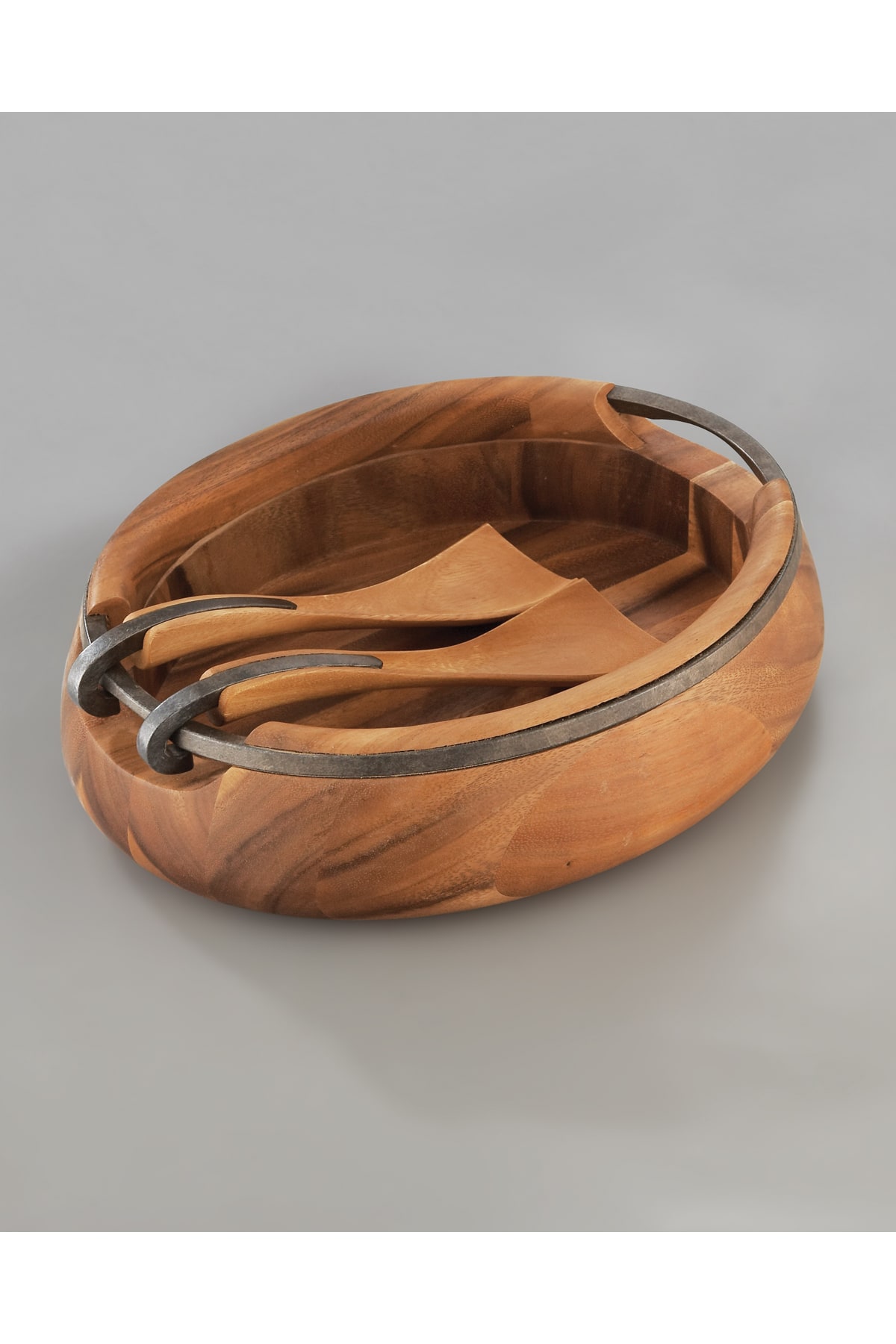 Nambe Oblong Nest Salad Bowl w/ Servers, Nambe Alloy & Acacia Wood