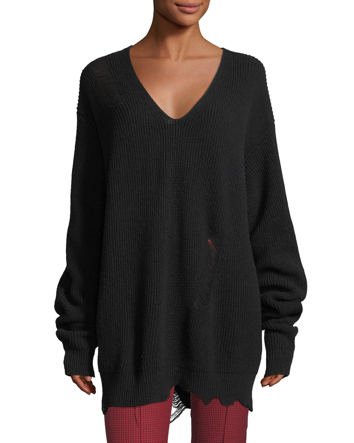 Distressed V-Neck Oversized Wool-Cashmere Sweater