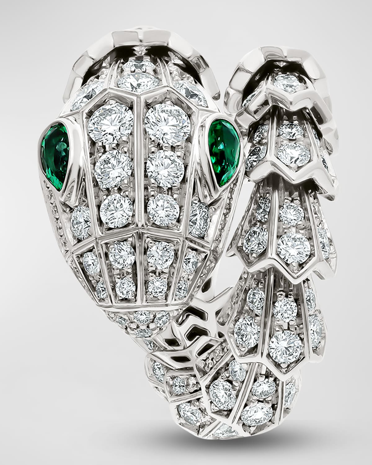 BVLGARI Serpenti Emerald and Diamond Ring in 18k White Gold, EU 55 / US   | Neiman Marcus