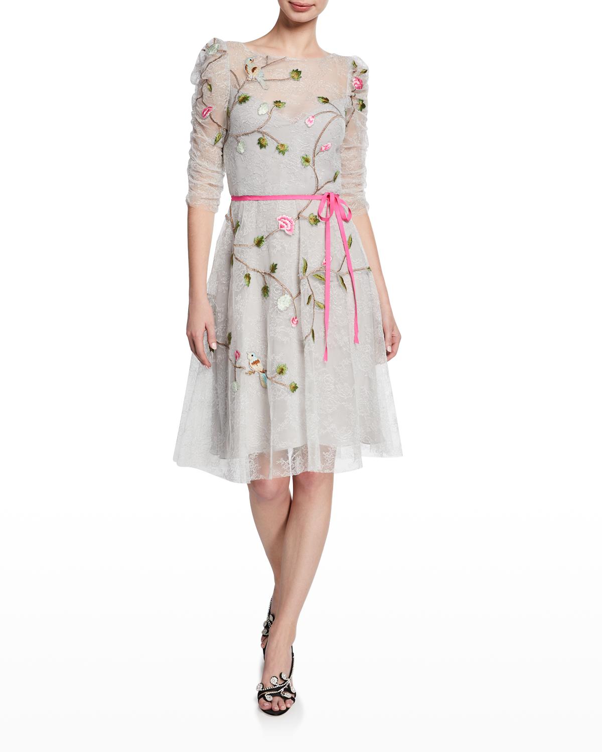 Monique Lhuillier Embroidered Chantilly Lace Cocktail Dress
