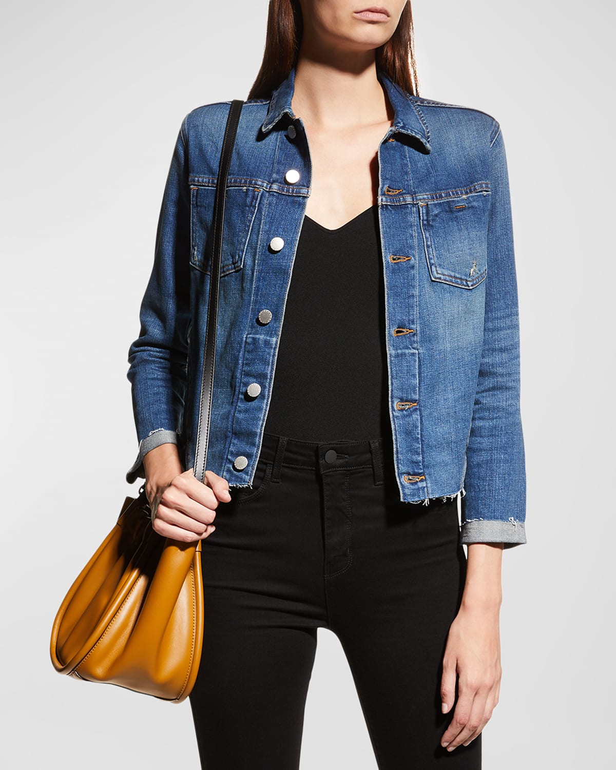 L'Agence Janelle Slim Cropped Jean Jacket with Raw Hem | Neiman Marcus