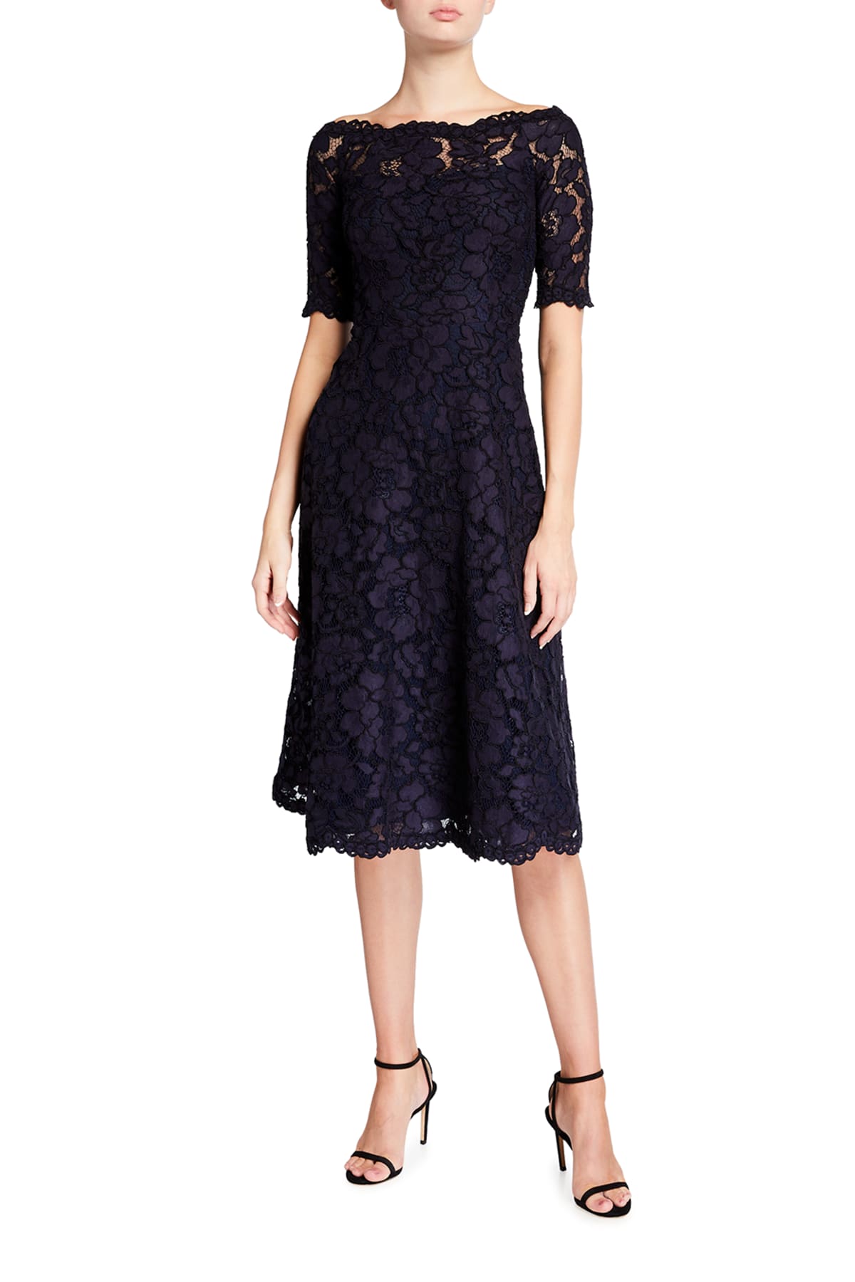 Rickie Freeman for Teri Jon Off-the-Shoulder 3/4-Sleeve Lace Dress