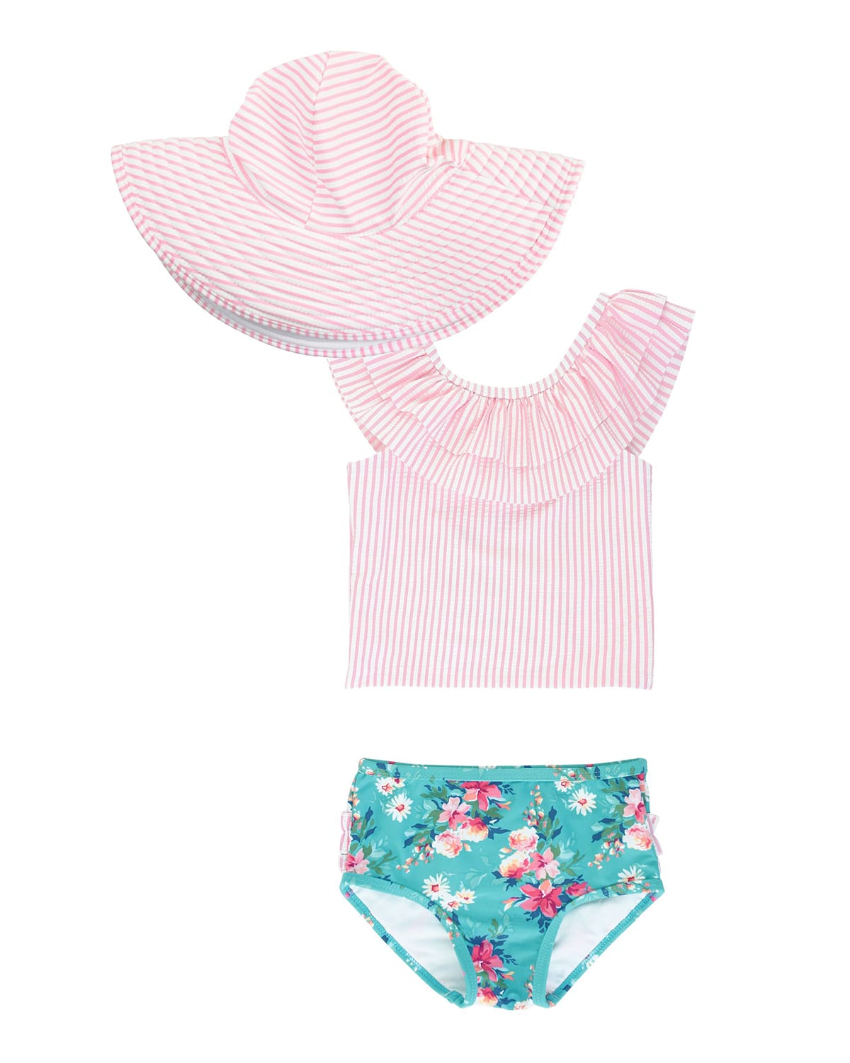 RuffleButts Girl's Ruffle Stripe Print Tankini w/ Sun Hat, Size 3M-10 ...