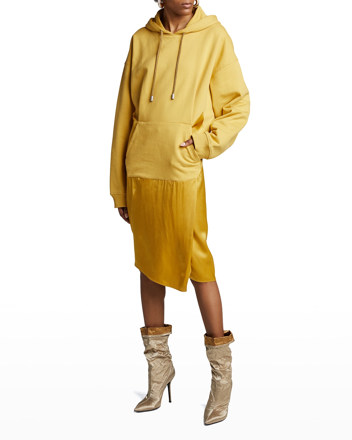 Fenty Satin-Skirt Hoodie Dress, Mustard