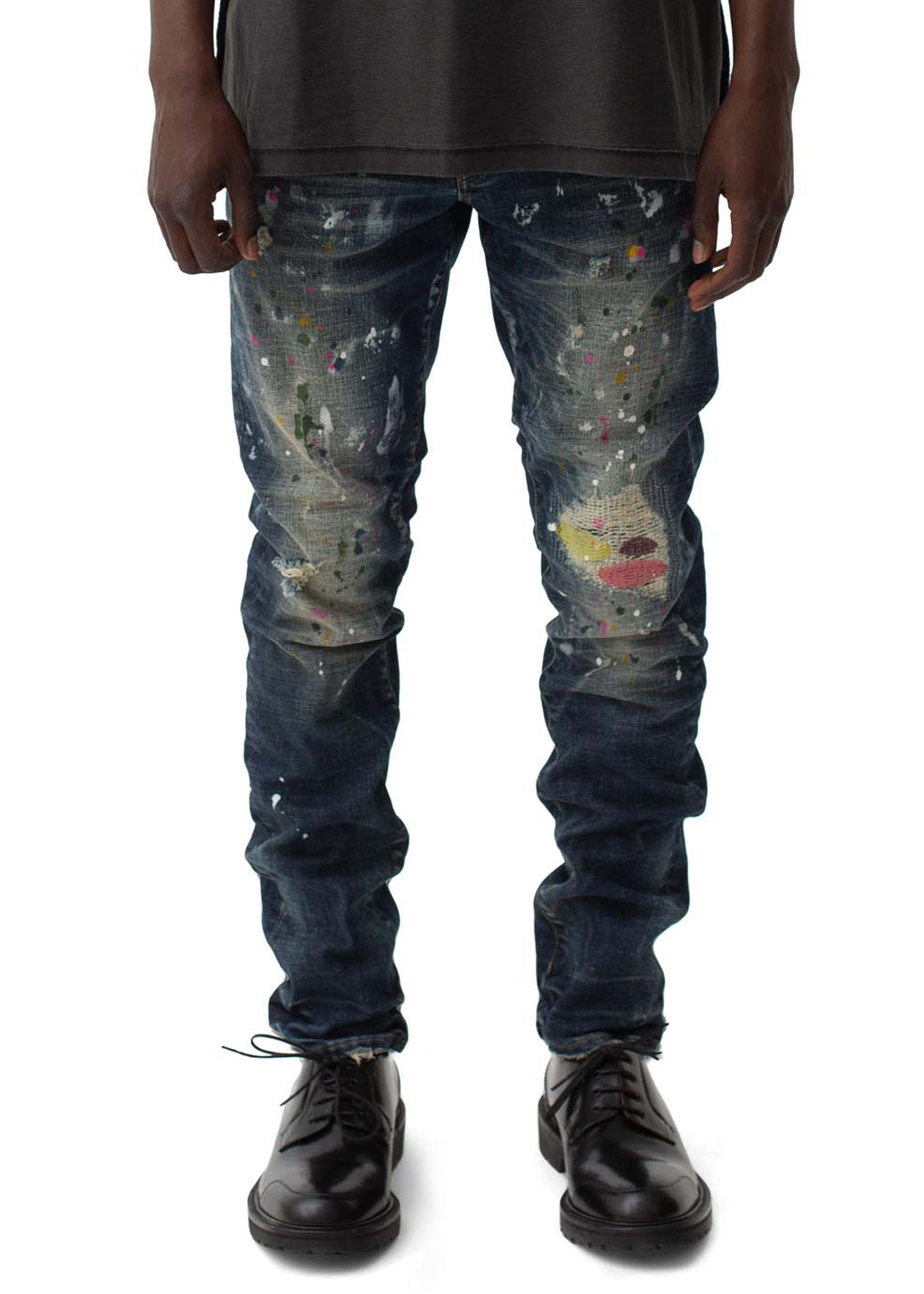 mens denim jeans paint splatter