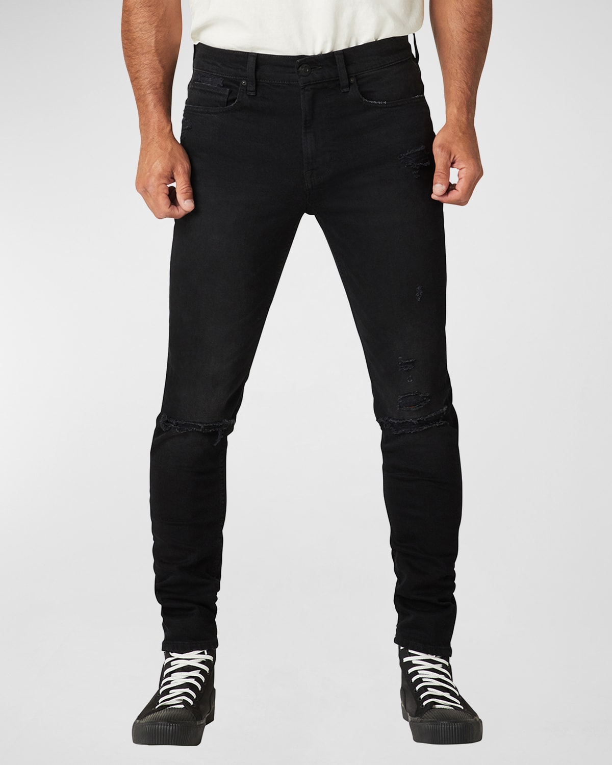 PURPLE Men's Distressed Light-Wash Skinny Denim Jeans | Neiman Marcus