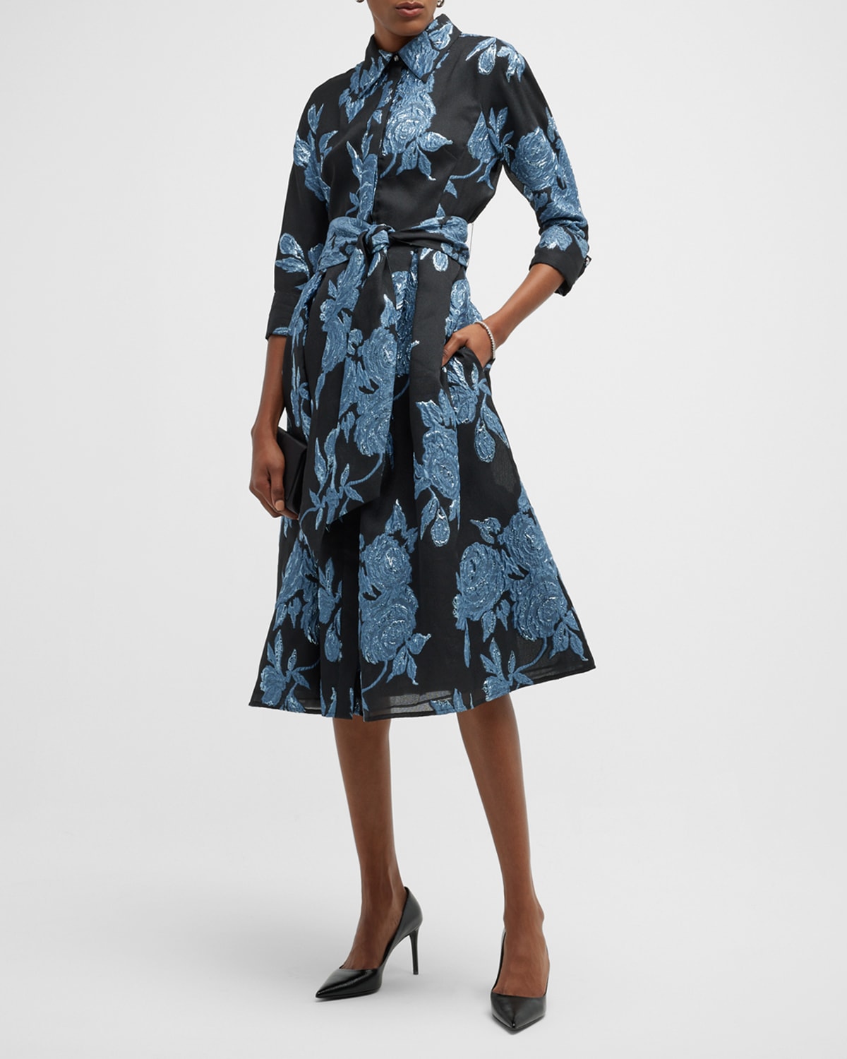 Rickie Freeman for Teri Jon Belted Jacquard Shirtdress Gown | Neiman Marcus