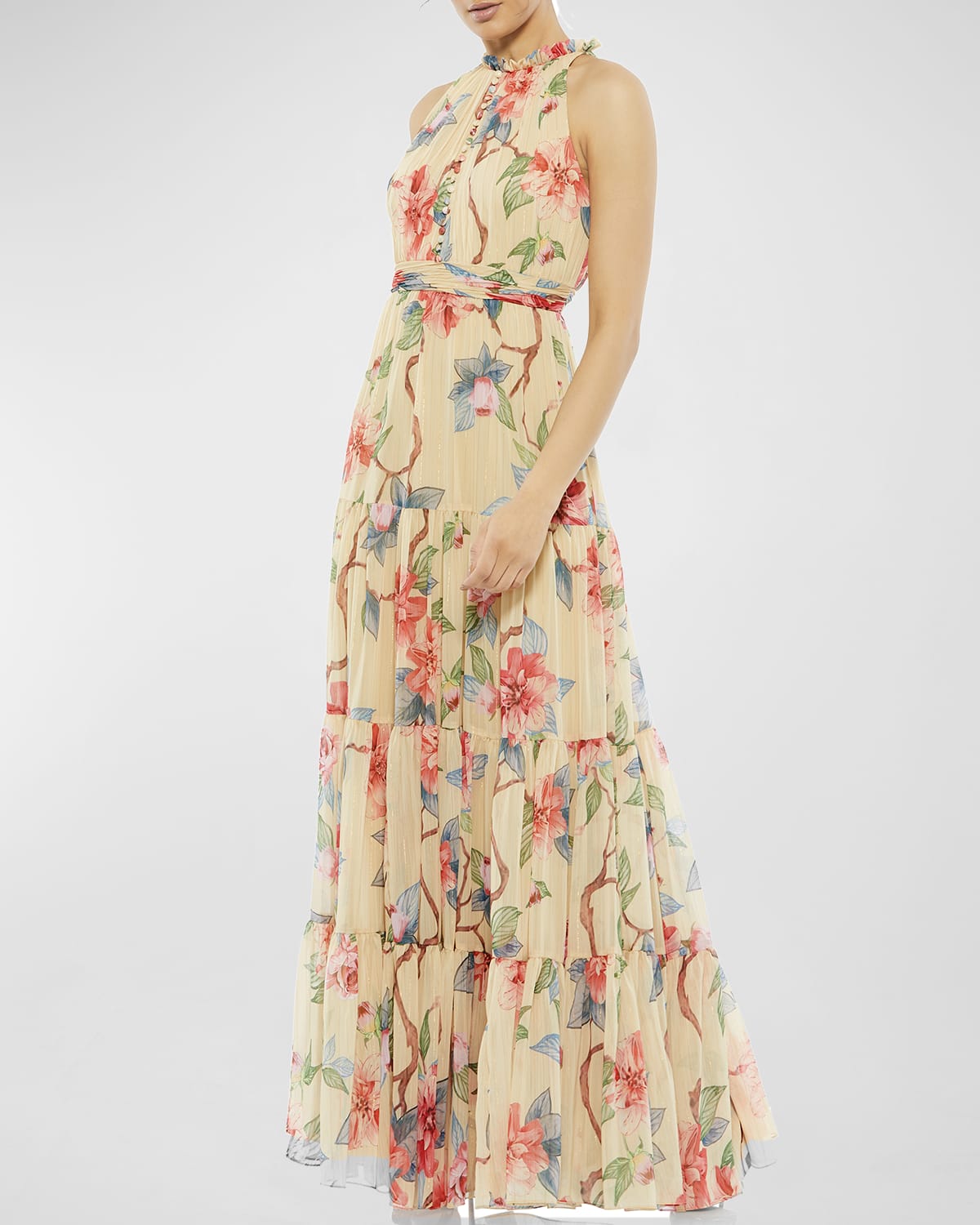 Long Halter Chiffon Gown with 3D Floral Neck Mulberry Plus Size