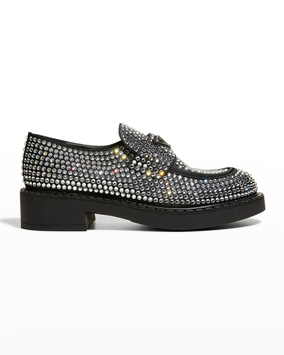 Prada Crystal Logo Block-Heel Loafers | Neiman Marcus