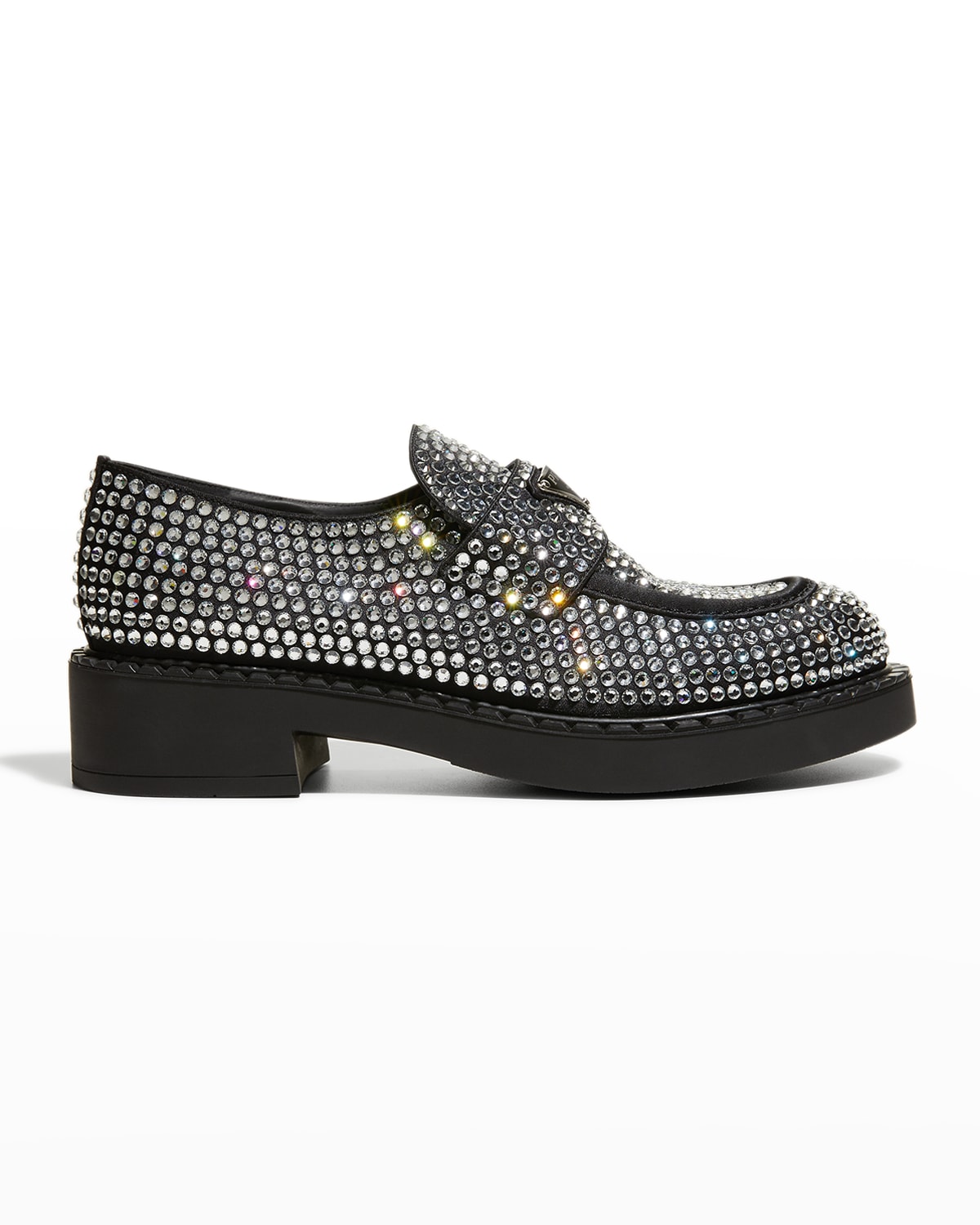 Prada Crystal Logo BlockHeel Loafers Neiman Marcus