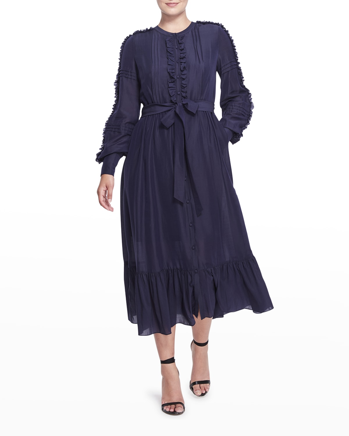 Marchesa Notte Puff-Sleeve Tiered Voile Midi Dress | Neiman Marcus