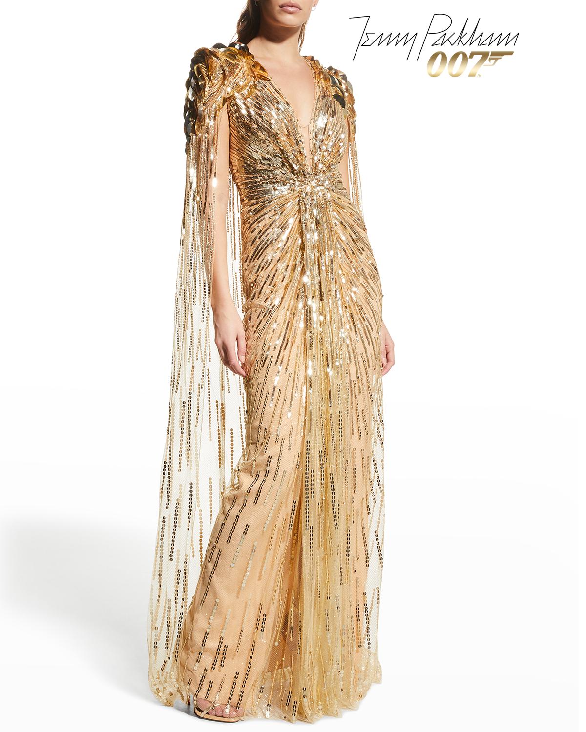 gold jenny packham dress x 007 Capsule Collection Goldfinger Cape Gown V-Neck Dresses