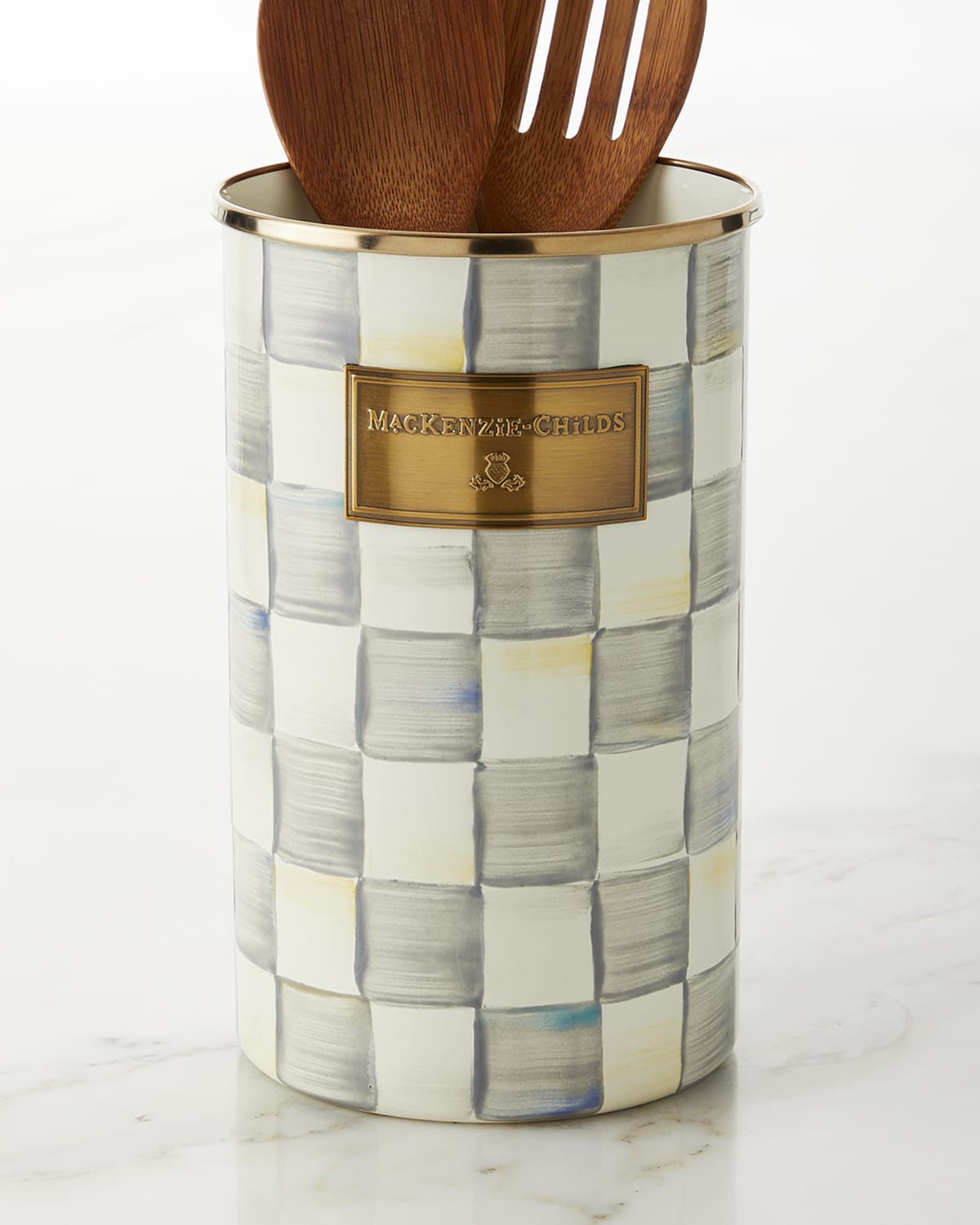MACKENZIE-CHILDS Sterling Check Enamel Canister, Gray-and-White Kitchen Storage Container With Lid, Small