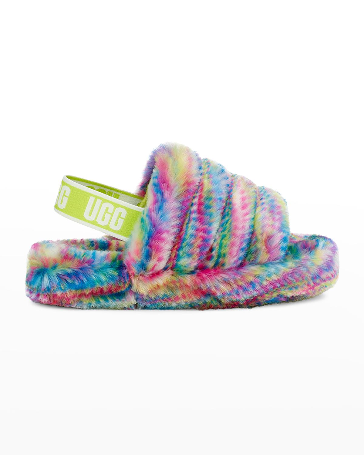 UGG Girl's Fluff Yeah Multicolor Pixelate Slides, Kids | Neiman Marcus