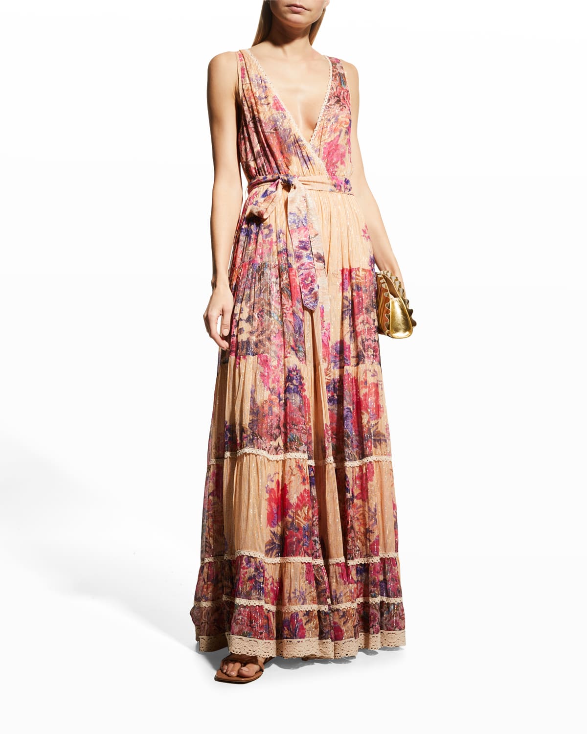 Hemant & Nandita Suki Georgette Floral Metallic Midi Dress | Neiman Marcus