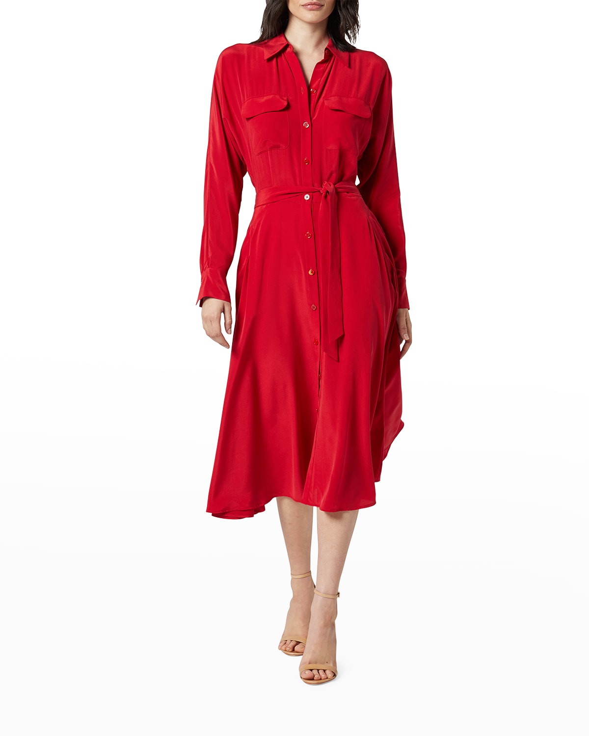 red silk shirt dress