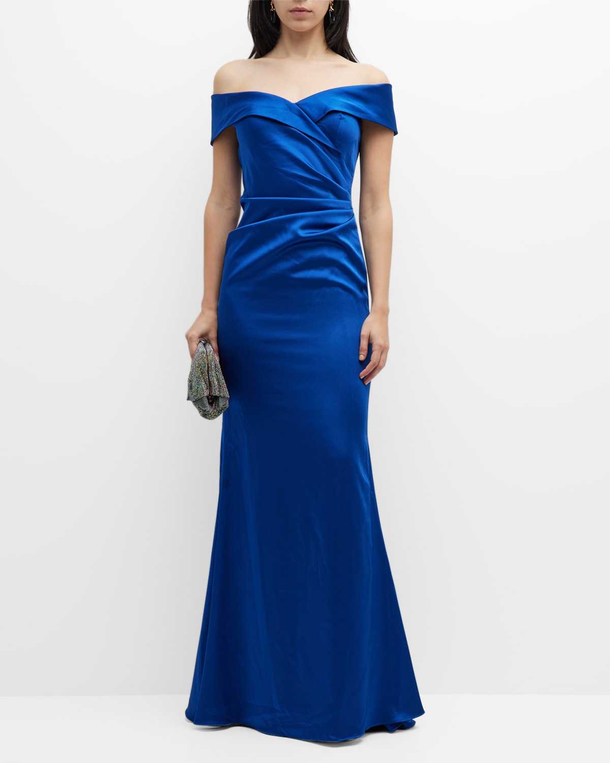 Rickie Freeman for Teri Jon Off-Shoulder Draped Splash Jacquard Gown ...