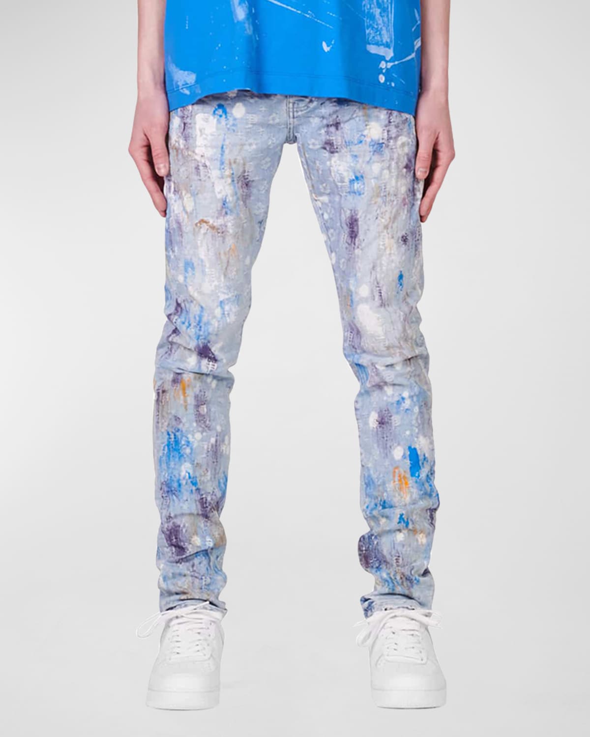 PURPLE Men's Ripped Paint Splatter Skinny Jeans Neiman Marcus