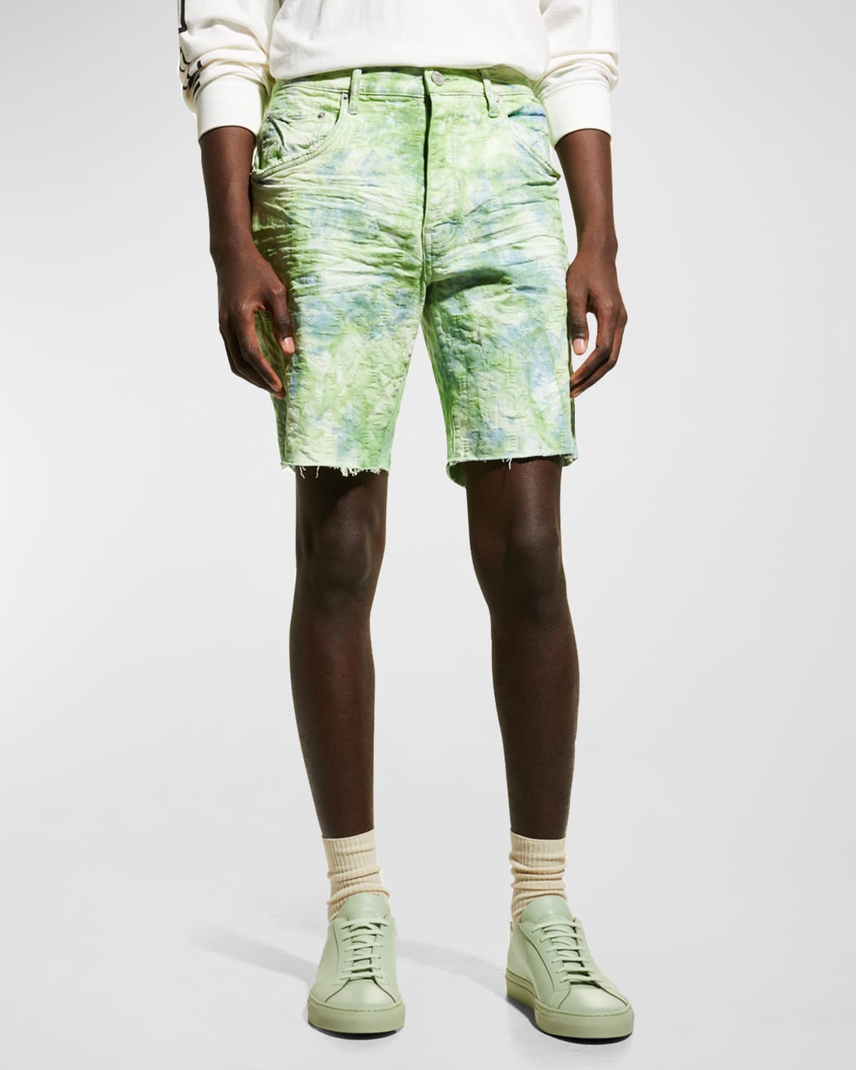 PURPLE Men's Placement Tie-Dye Cutoff Denim Shorts | Neiman Marcus