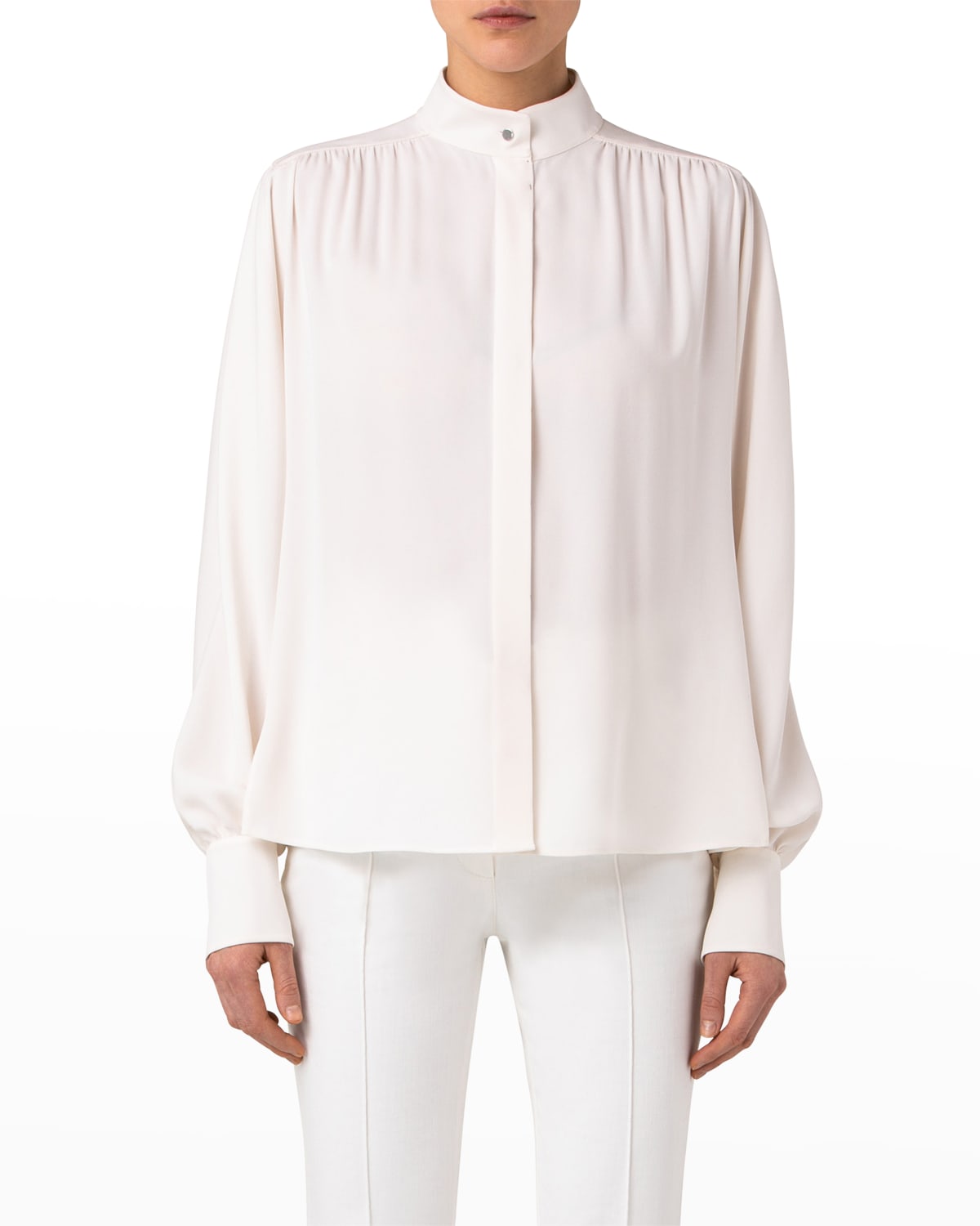 Akris Sequin-Cuff Sheer-Sleeve Silk Crepe Blouse | Neiman Marcus