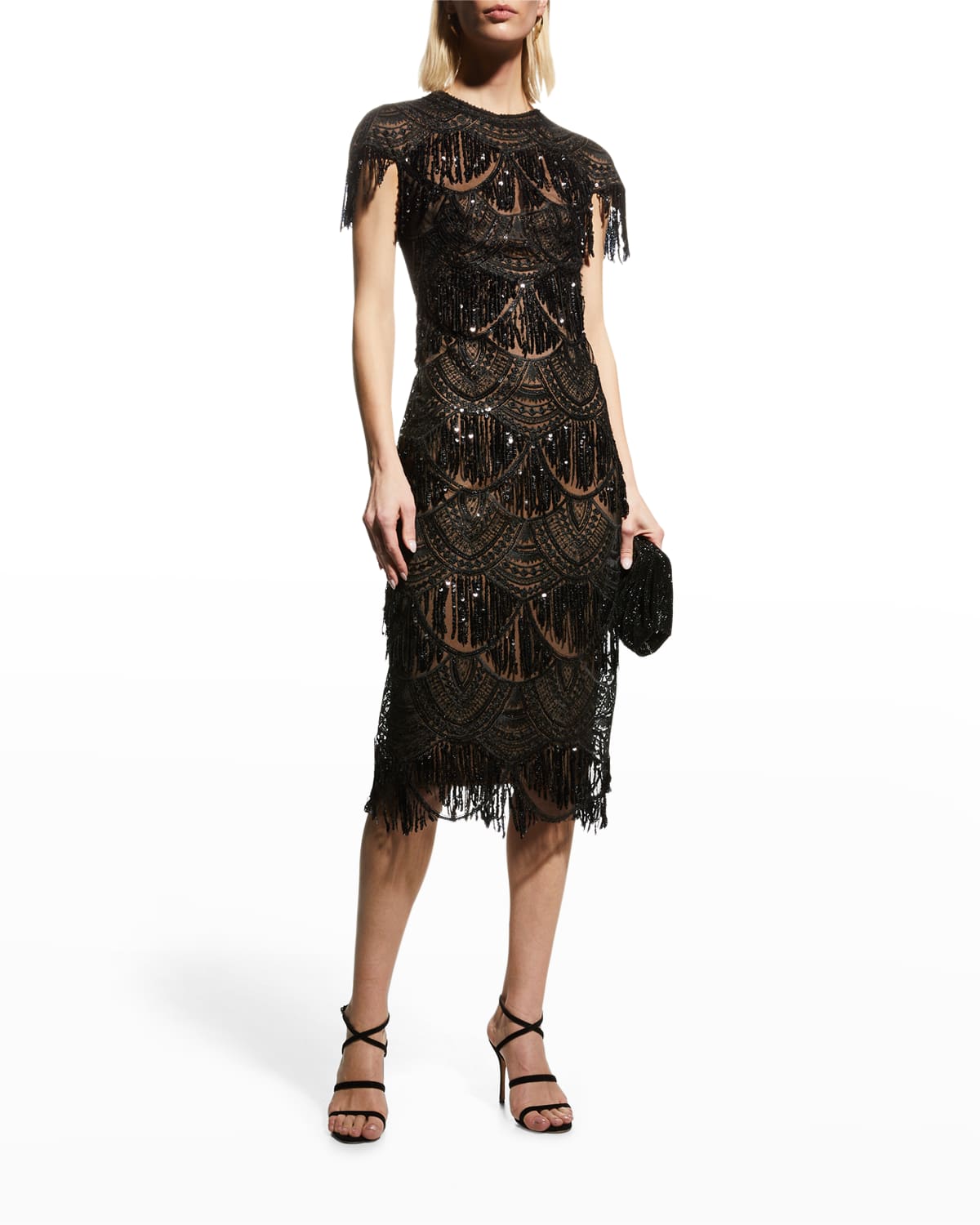 Akris Mock-Neck Sequin Sheath Midi Dress | Neiman Marcus