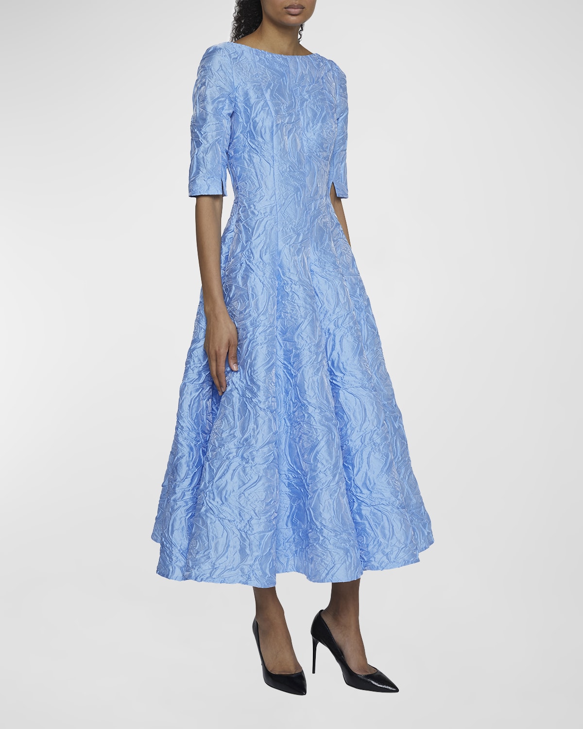 Talbot Runhof Rose Jacquard Elbow-Sleeve Midi Dress | Neiman Marcus