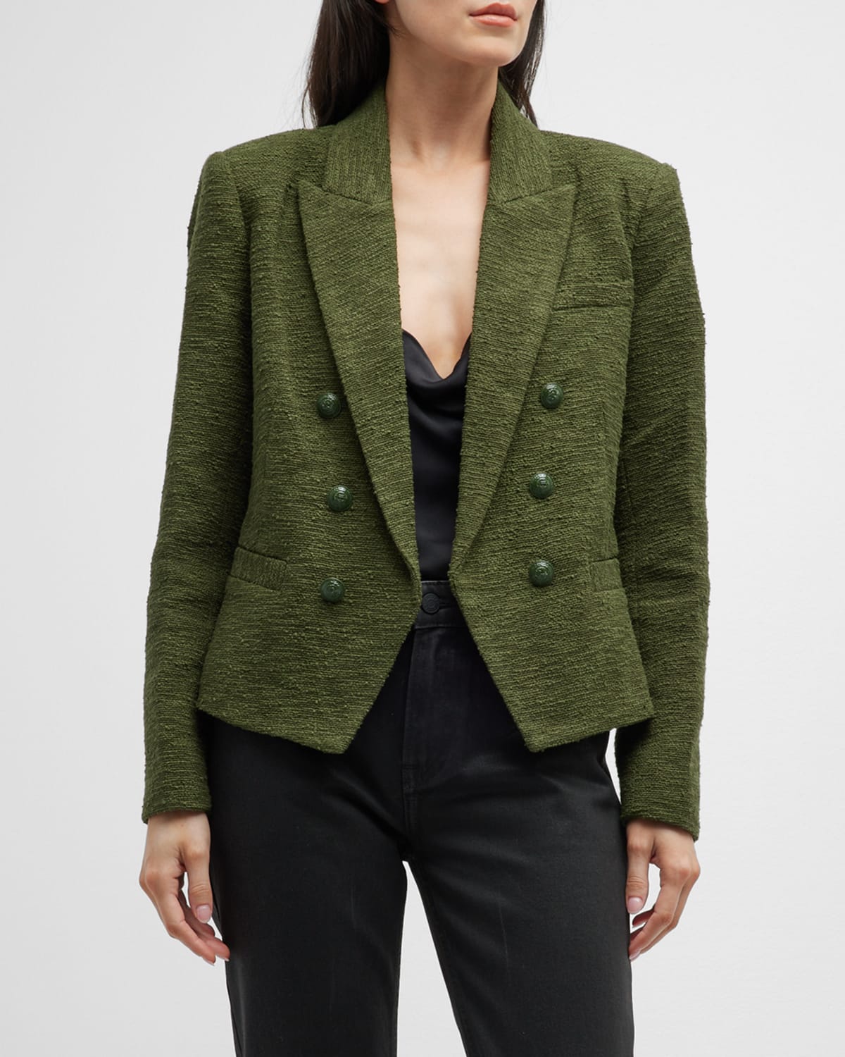 Women Green Tweed Notch Collar Crop Blazer
