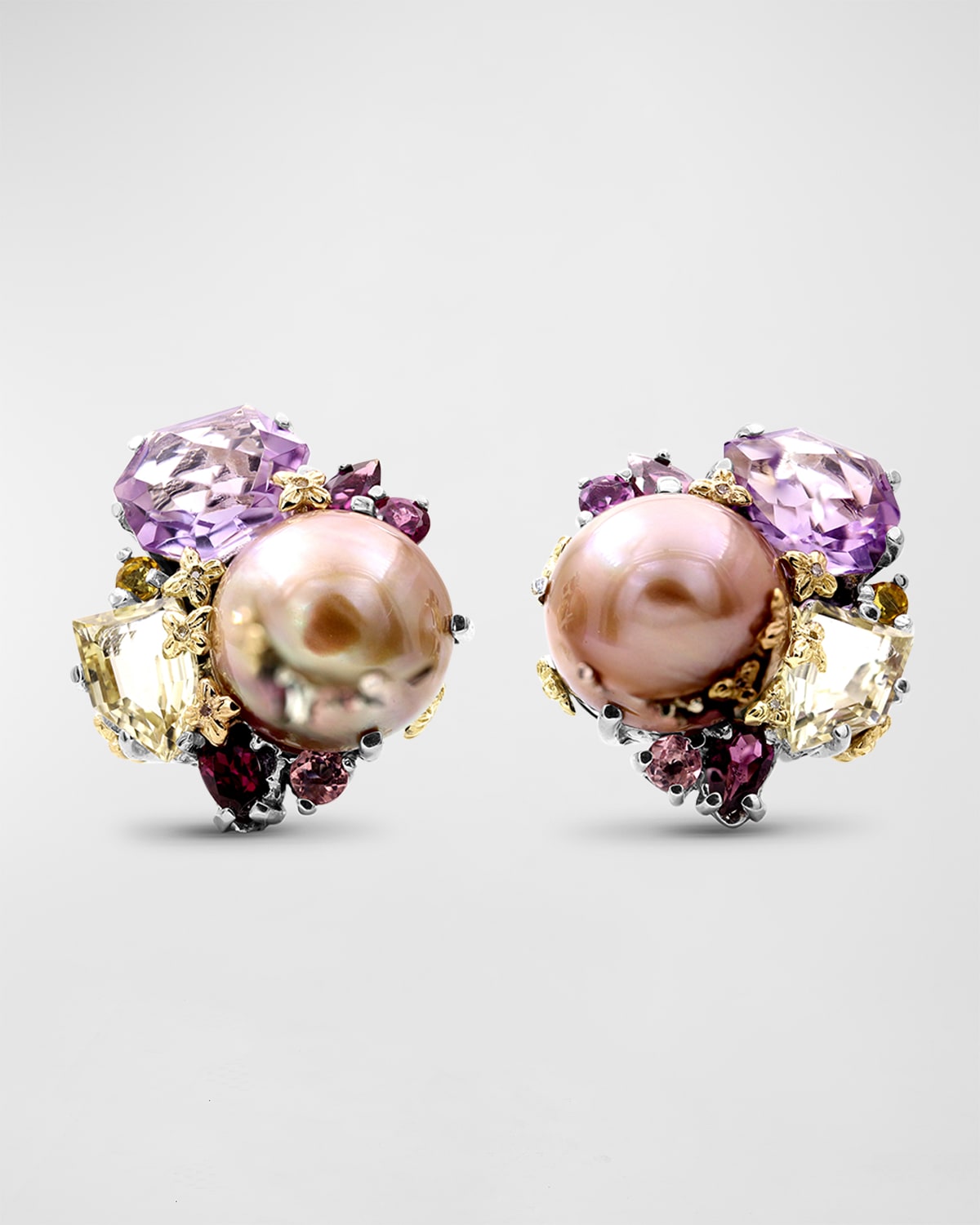 Stephen Dweck Pearl & Faceted MultiGemstone Cluster ClipOn Earrings