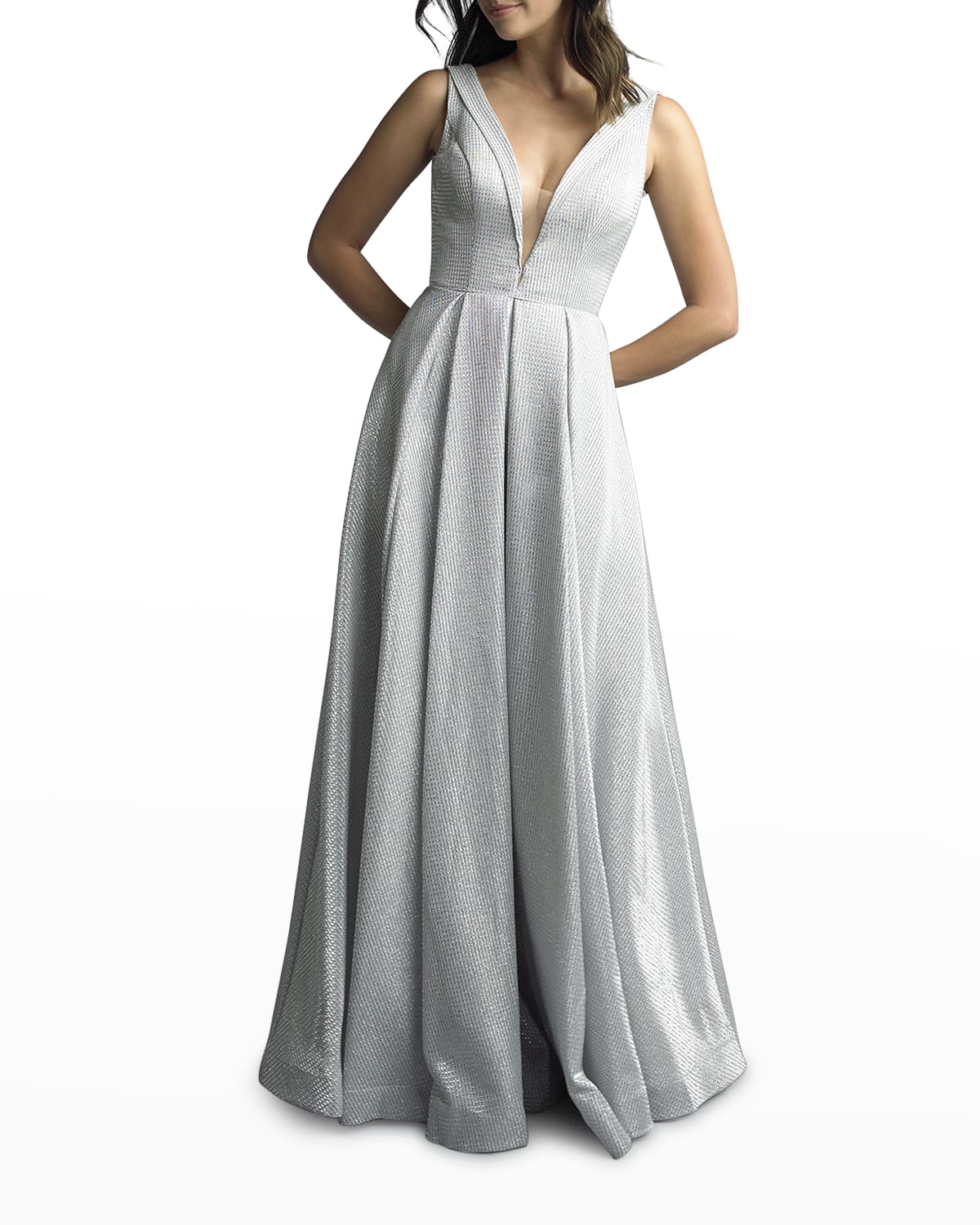 Dramatic V-neck Pleated Long Gown with Slit Taupe main image 0