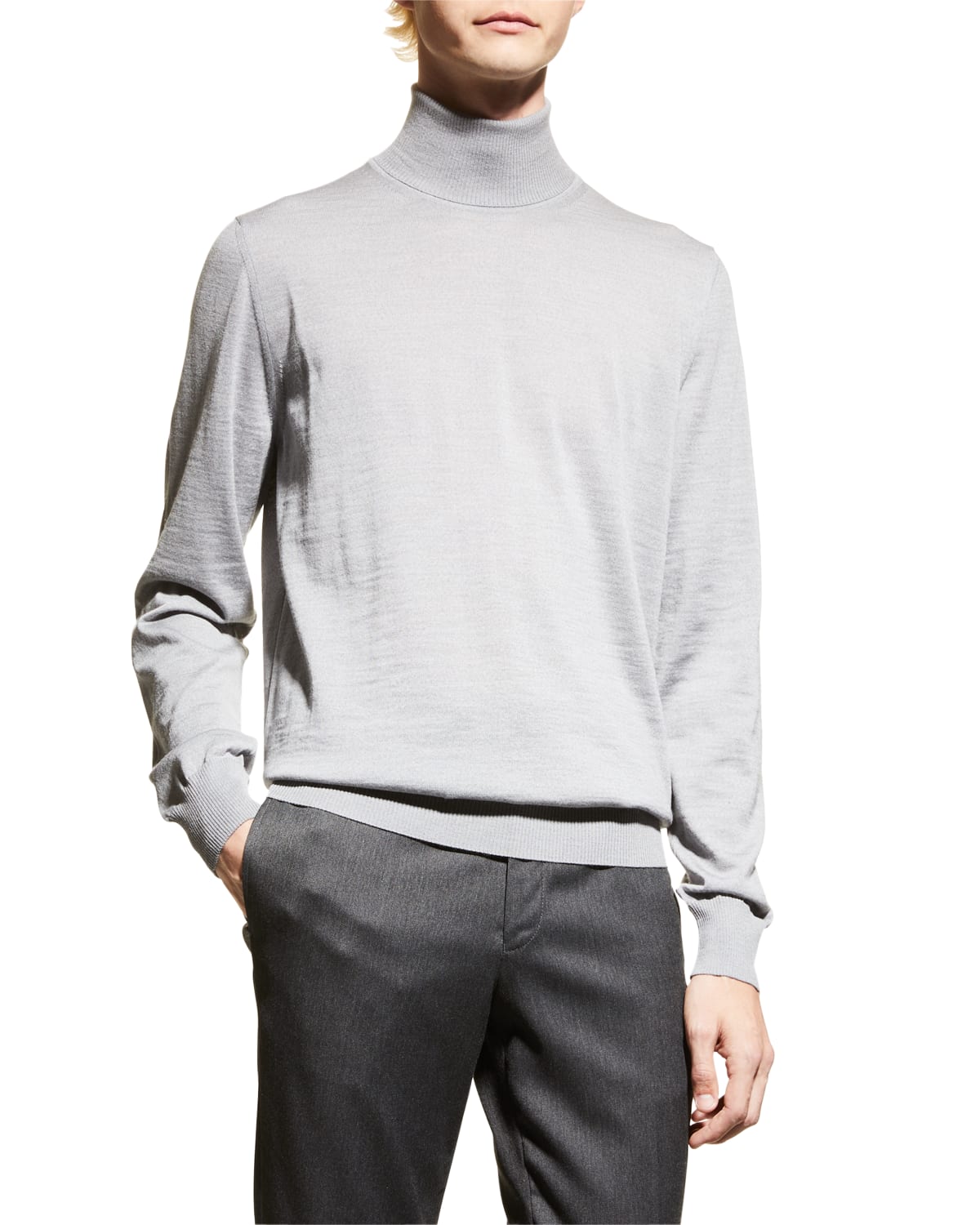Mixed Media Turtleneck Sweater in Light Grey