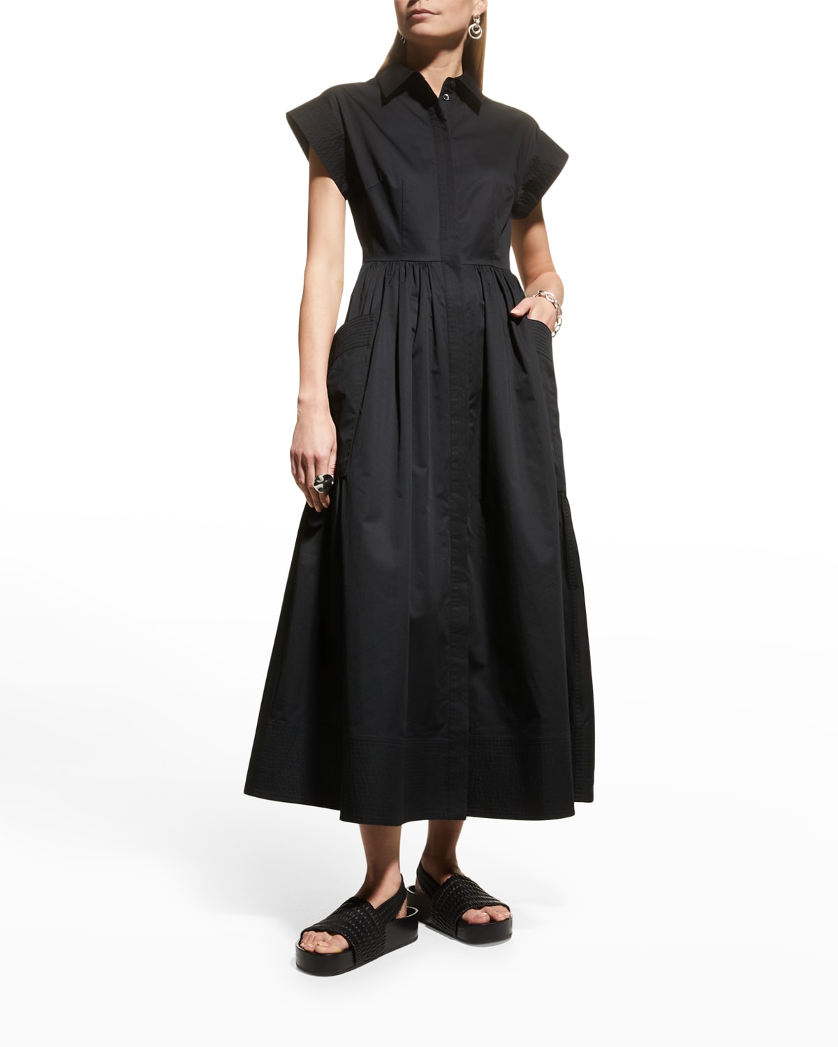 Cinq a Sept Zaha Ruffle-Sleeve Pleated-Skirt Midi Dress | Neiman Marcus