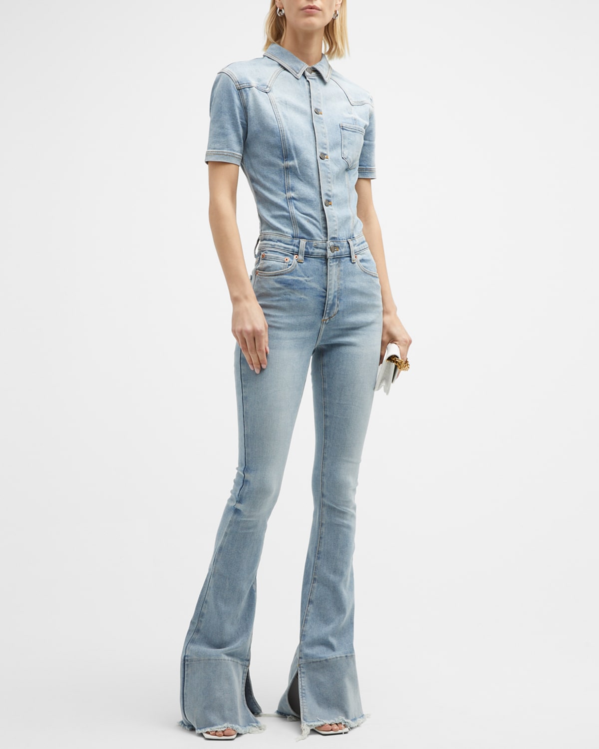 Fringe Half Button Long Sleeve Denim Jumpsuit main image 0