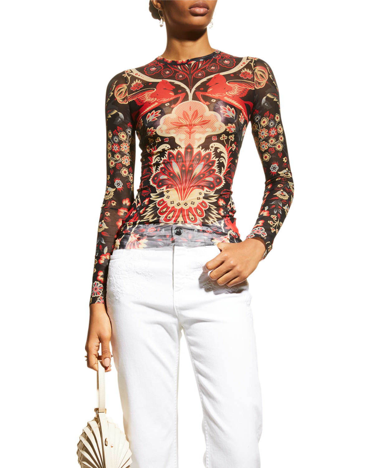 Etro Pegasus Floral-Print Mesh Long-Sleeve Top | Neiman Marcus