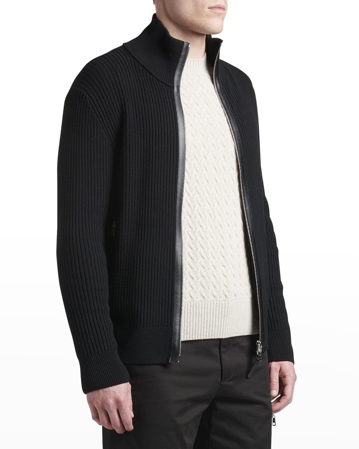 Moncler Men's Ribbed Cardigan with Leather Trim | Neiman Marcus