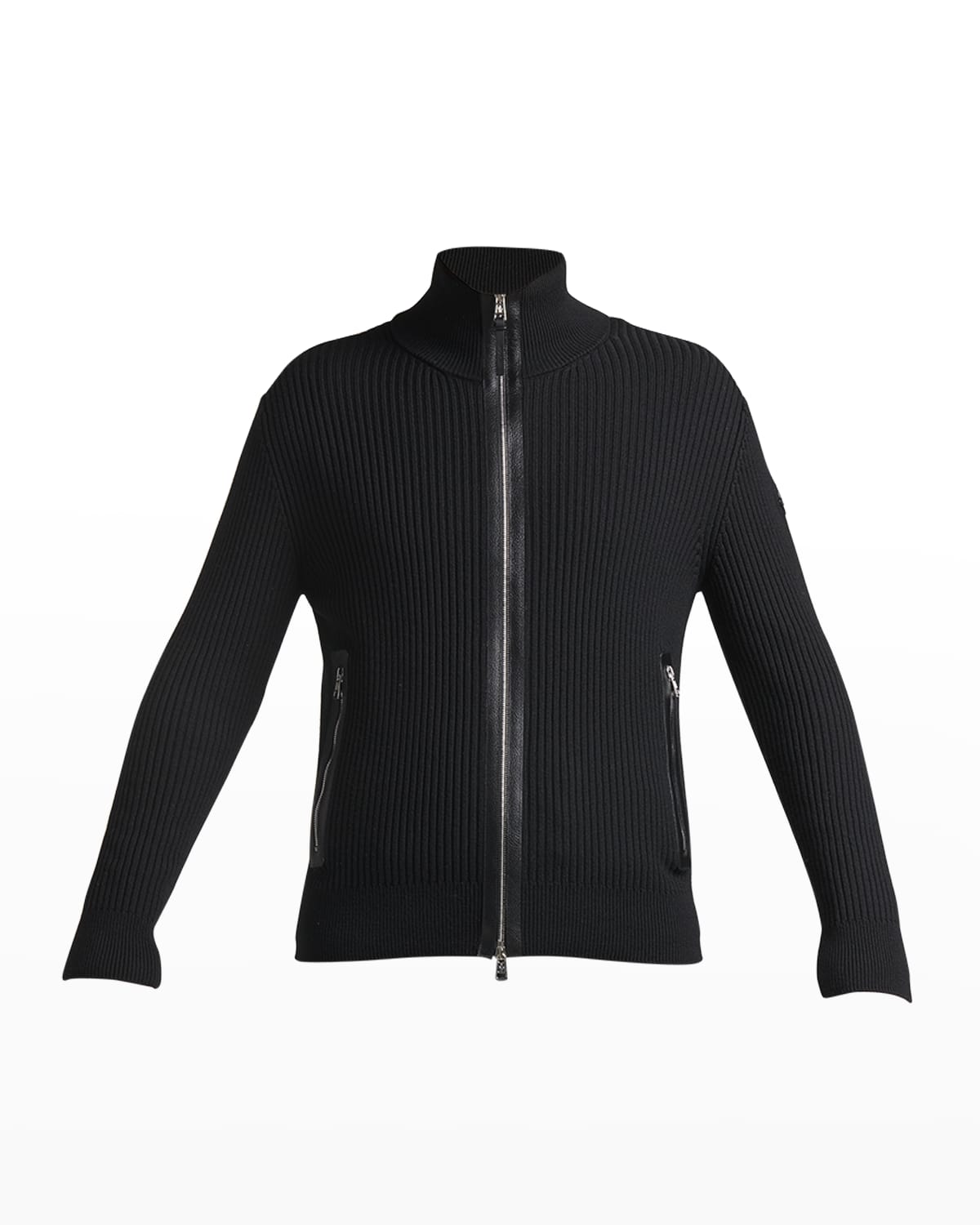 Moncler Men's Ribbed Cardigan with Leather Trim Neiman Marcus