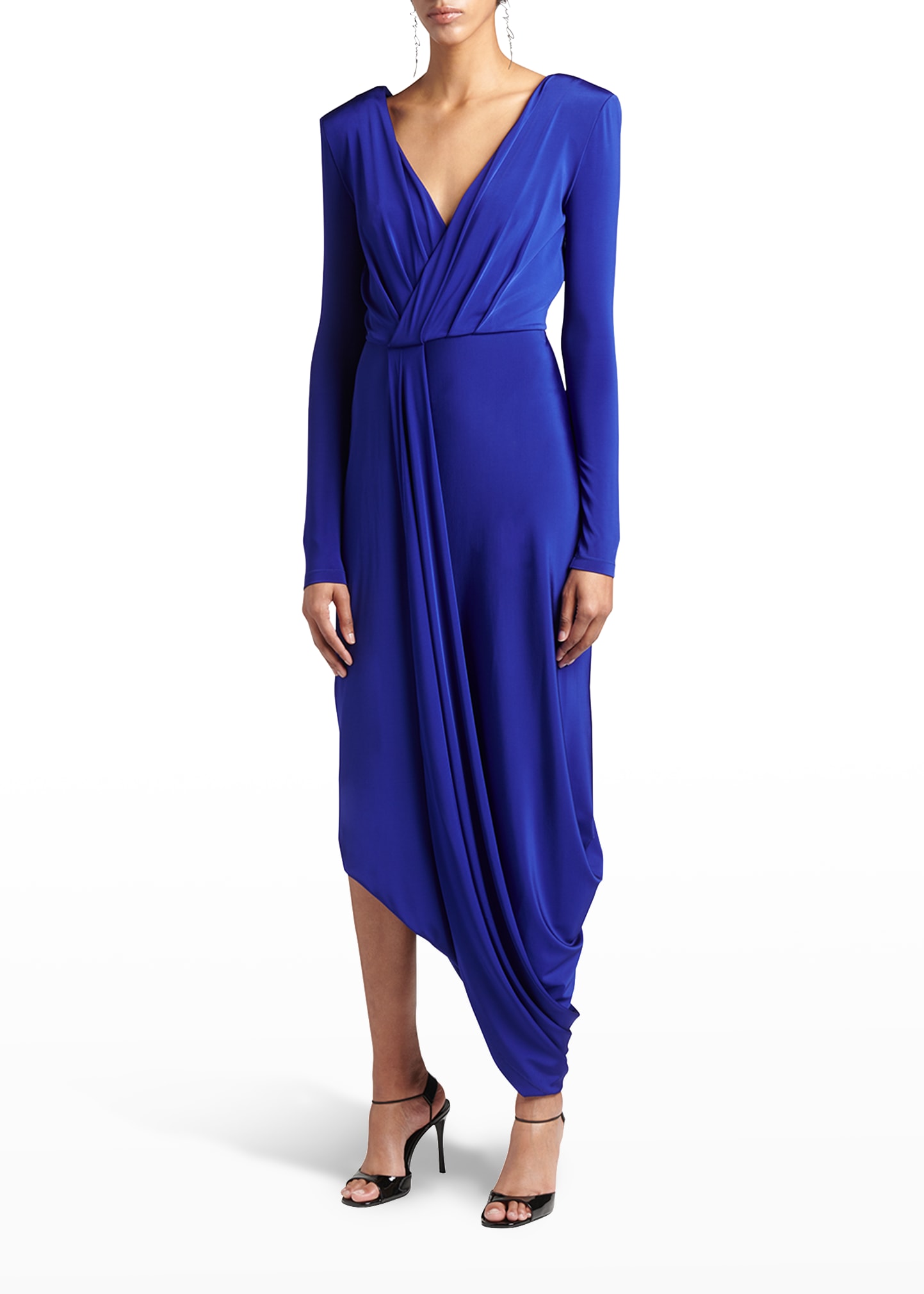 Giorgio Armani Draped Strong-Shoulder Jersey Midi Dress | Neiman Marcus