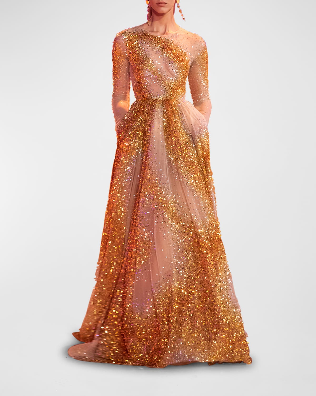 Margorie Beige Brocade Tulle Lace Gown