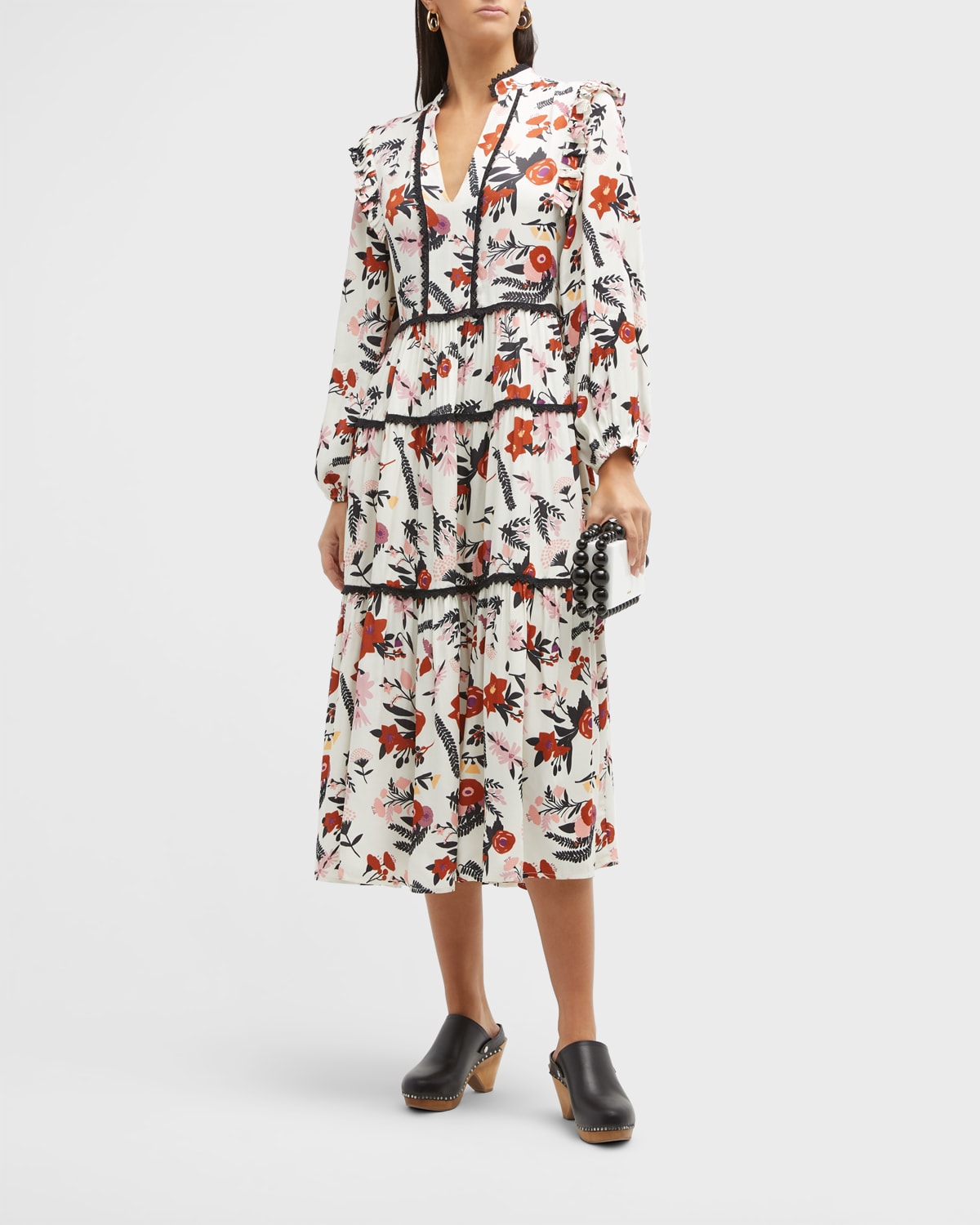 Cynthia Rowley Tiered Floral-Print Blouson-Sleeve Midi Dress | Neiman ...