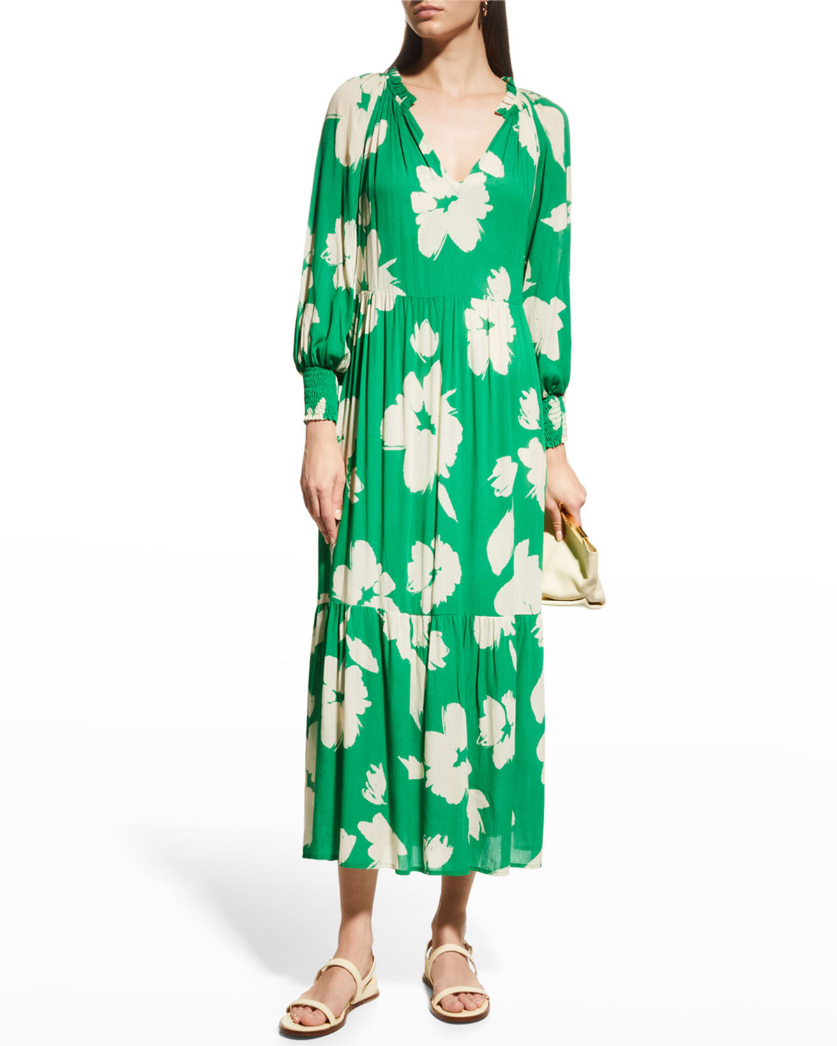Julietta Floral Puff Short Sleeve V Neck High Waist Maxi Dress