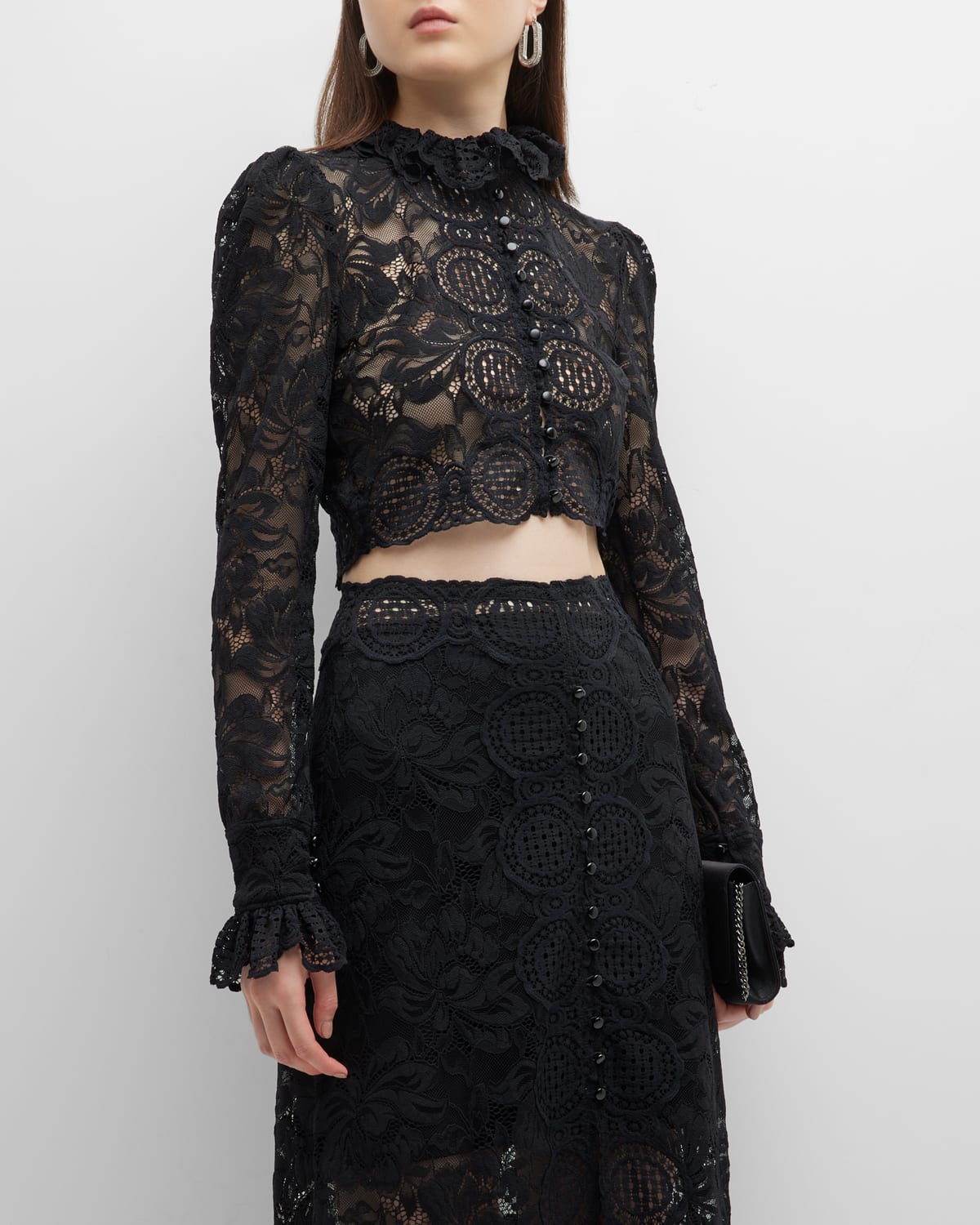 Rabanne Mock-Neck Puff-Sleeve Lace Crop Top | Neiman Marcus