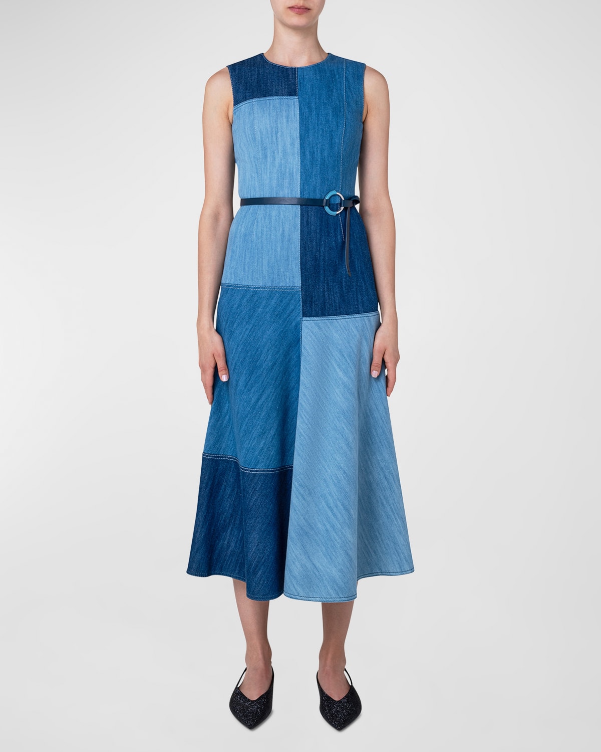 Akris punto Washed Denim Patchwork Short Dress with Belt Neiman Marcus