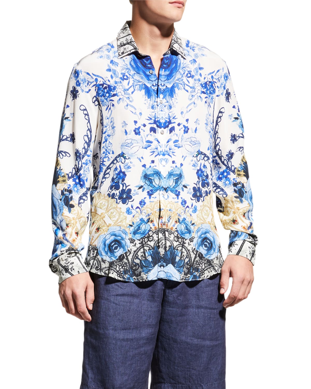 Camilla Men's Silk Floral Dragon Camp Shirt | Neiman Marcus