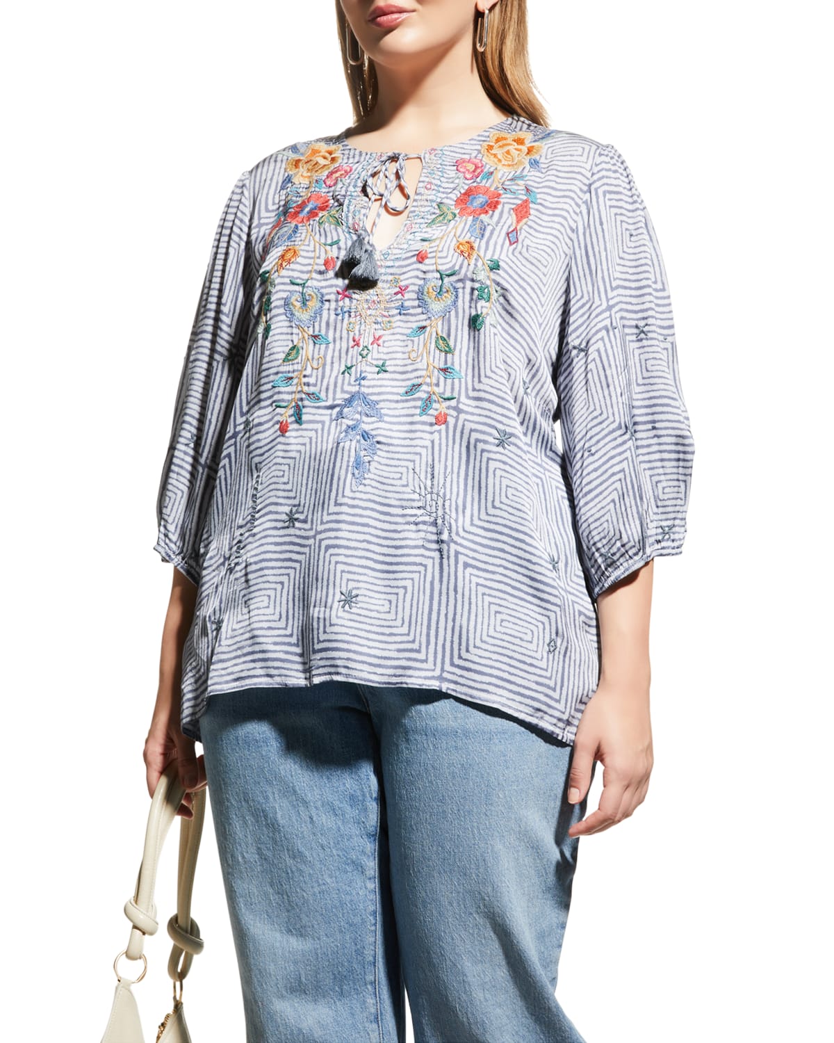 Johnny Was Plus Size Mayson Floral Embroidered Neck-Tie Tunic | Neiman ...