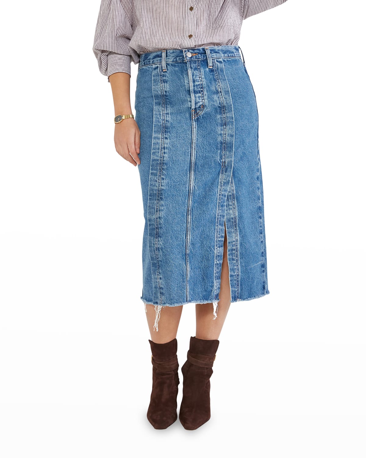 Alexander McQueen Flounce SplitHem Denim Midi Skirt Neiman Marcus